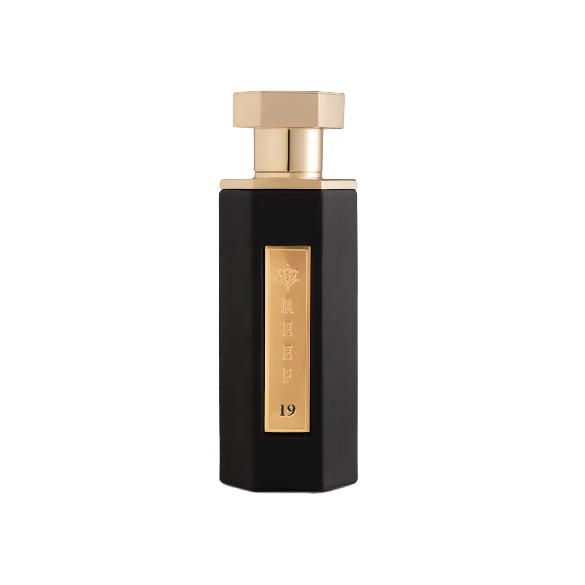 Tall black perfume bottle with gold hexagonal cap and vertical gold plaque marked Reef 19.