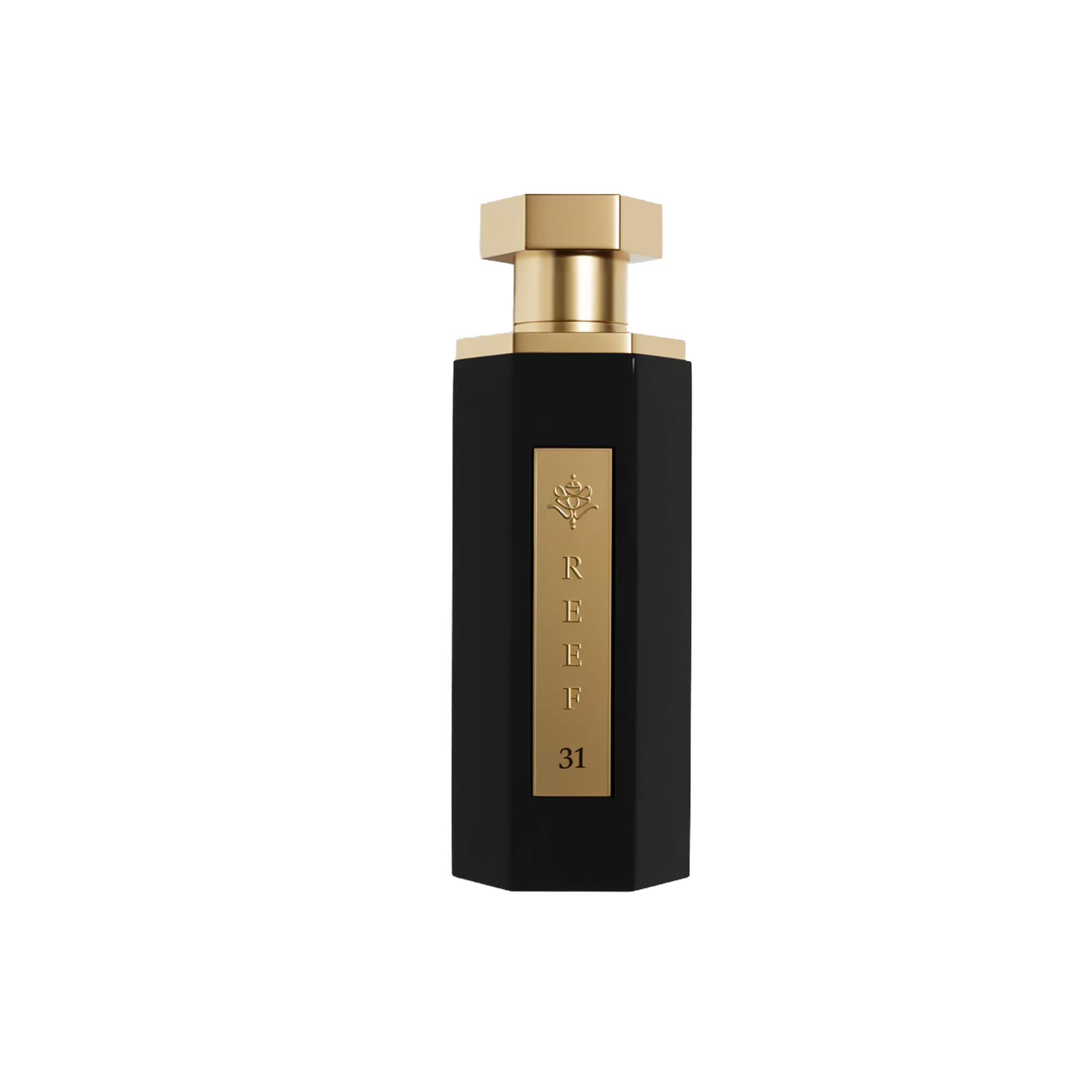 A luxurious black perfume bottle with a hexagonal shape, with a gold cap and a gold label. The label features a rose emblem, the word 'REEF' in vertical capital letters.