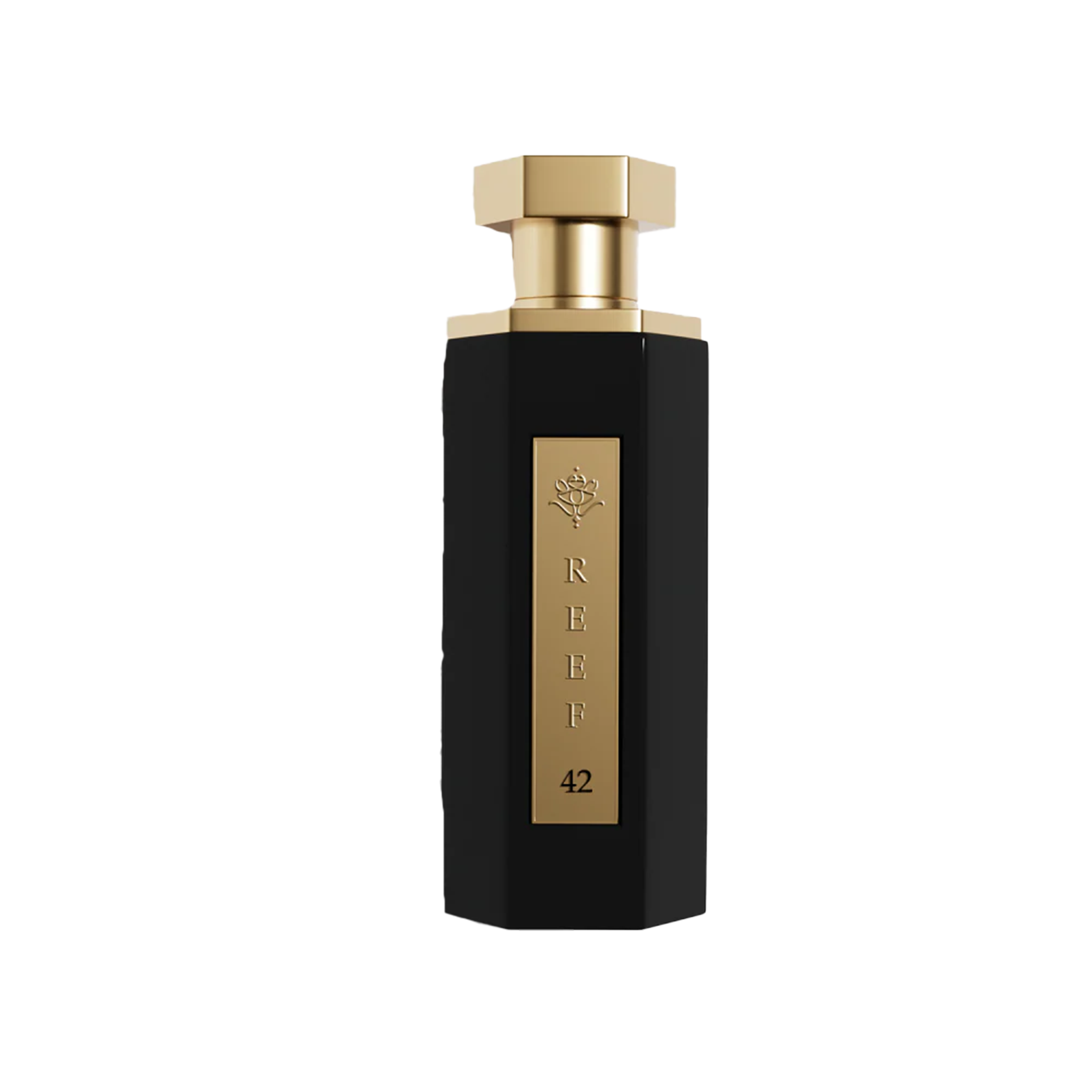 Slender black perfume bottle with gold hexagonal cap and vertical gold plaque labelled Reef 42.