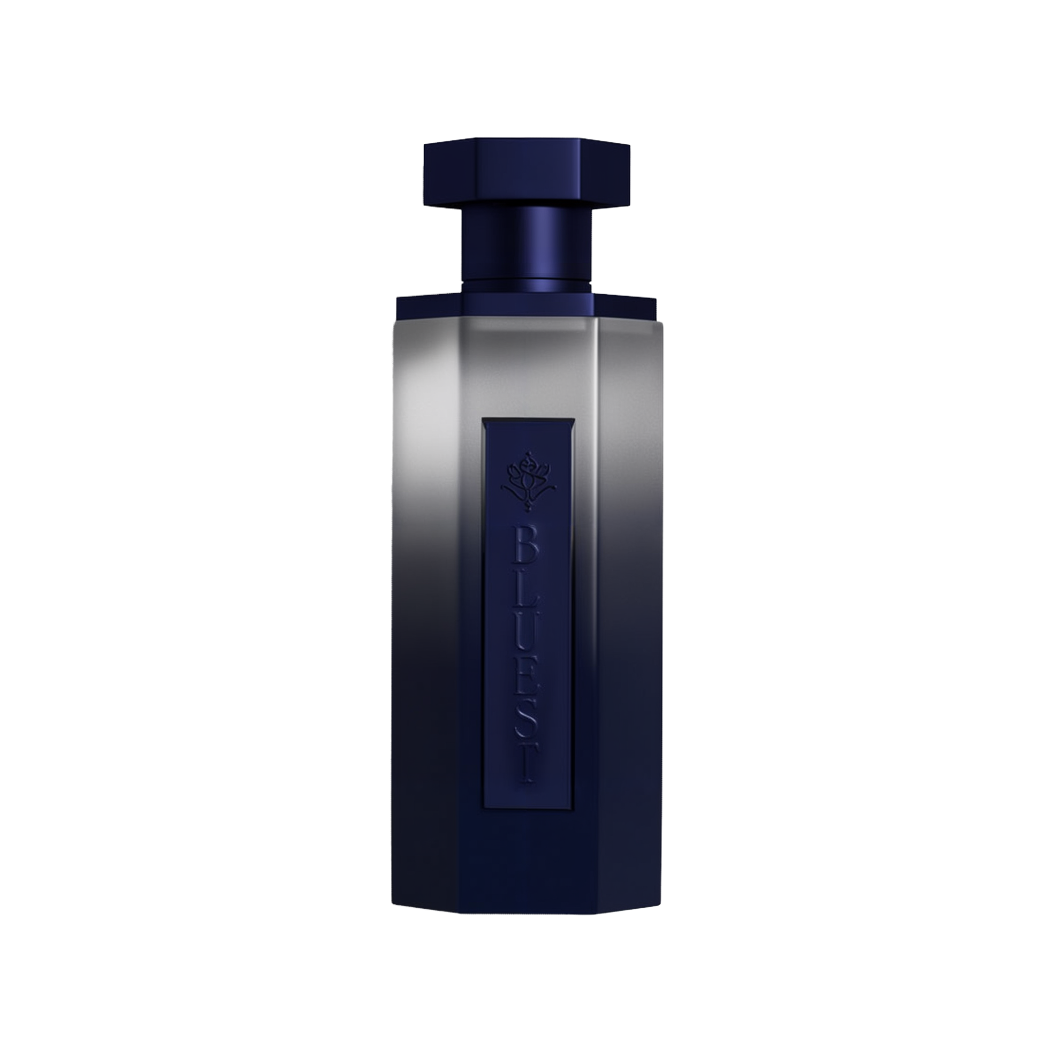 A modern and sleek bottle of Bluest perfume by Reef Perfumes, featuring a tall, faceted design with a gradient color scheme transitioning from silver-gray at the top to deep navy blue at the base. The vertical embossed label on the front reads 'BLUEST' with a rose emblem above, both in matching navy blue. The bottle is topped with a geometric, hexagonal cap in dark blue, creating a bold and contemporary aesthetic against a minimalist white background with a soft shadow.
