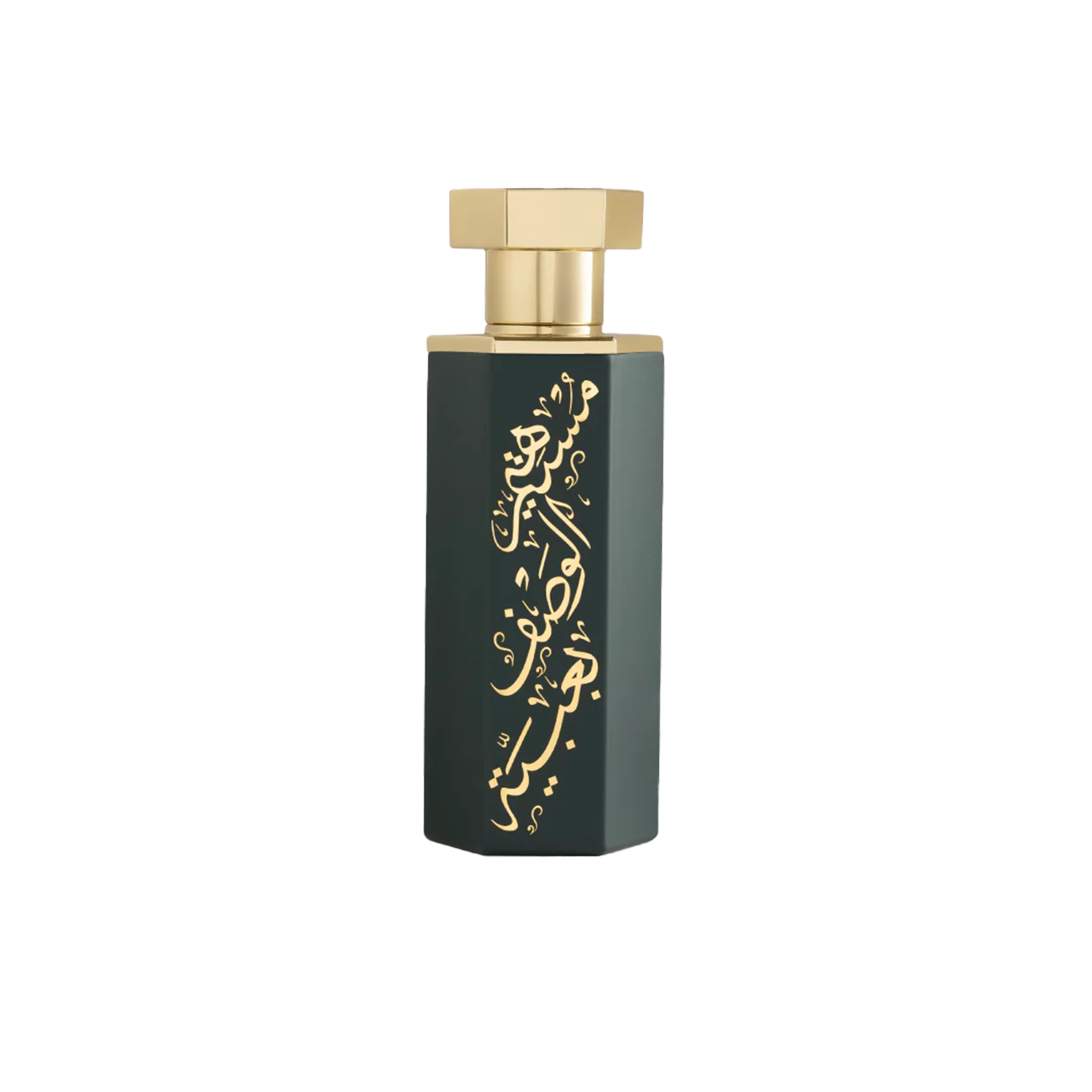 Dark green slender perfume bottle with gold hexagonal cap and ornate vertical gold Arabic calligraphy.