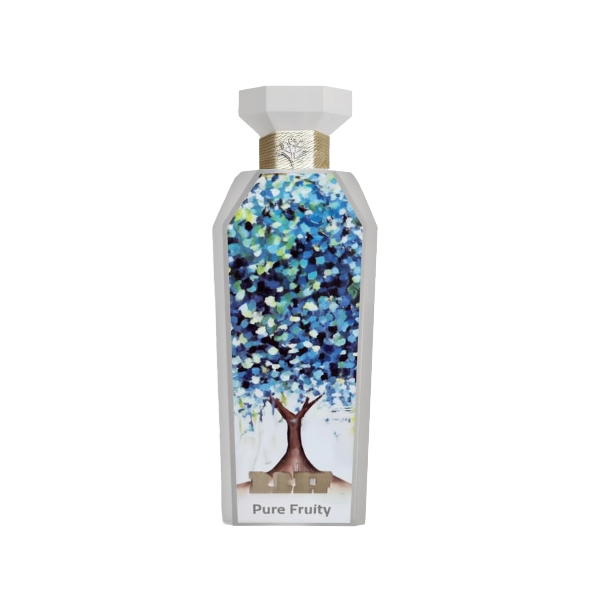 A vibrant and artistic bottle of Pure Fruity perfume by Reef Perfumes. The tall, white, angular bottle features a colorful abstract painting of a tree with dense blue, green, and white foliage on its front face.