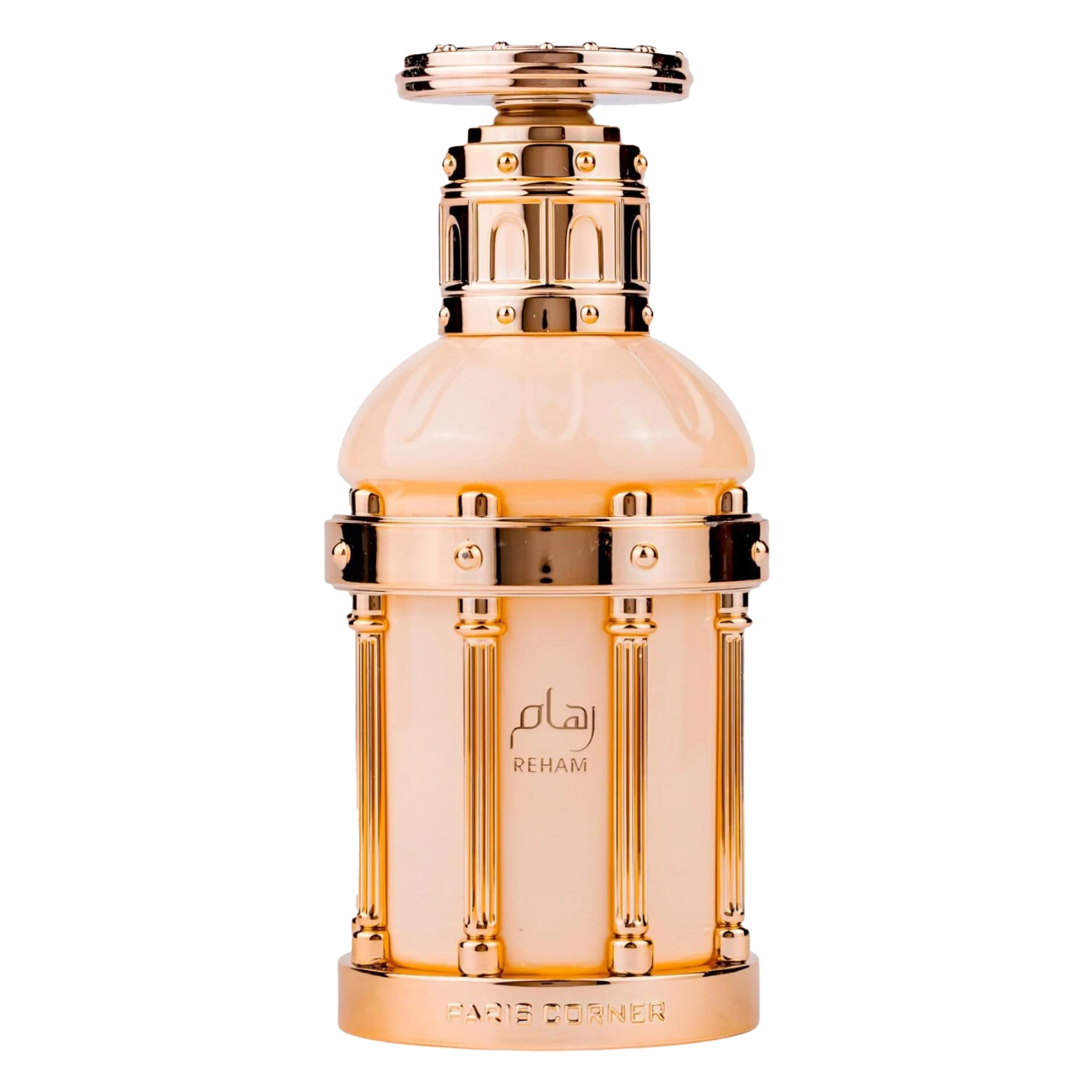 Elegant beige and gold perfume bottle with ornate metallic frame and Reham Paris Corner branding.