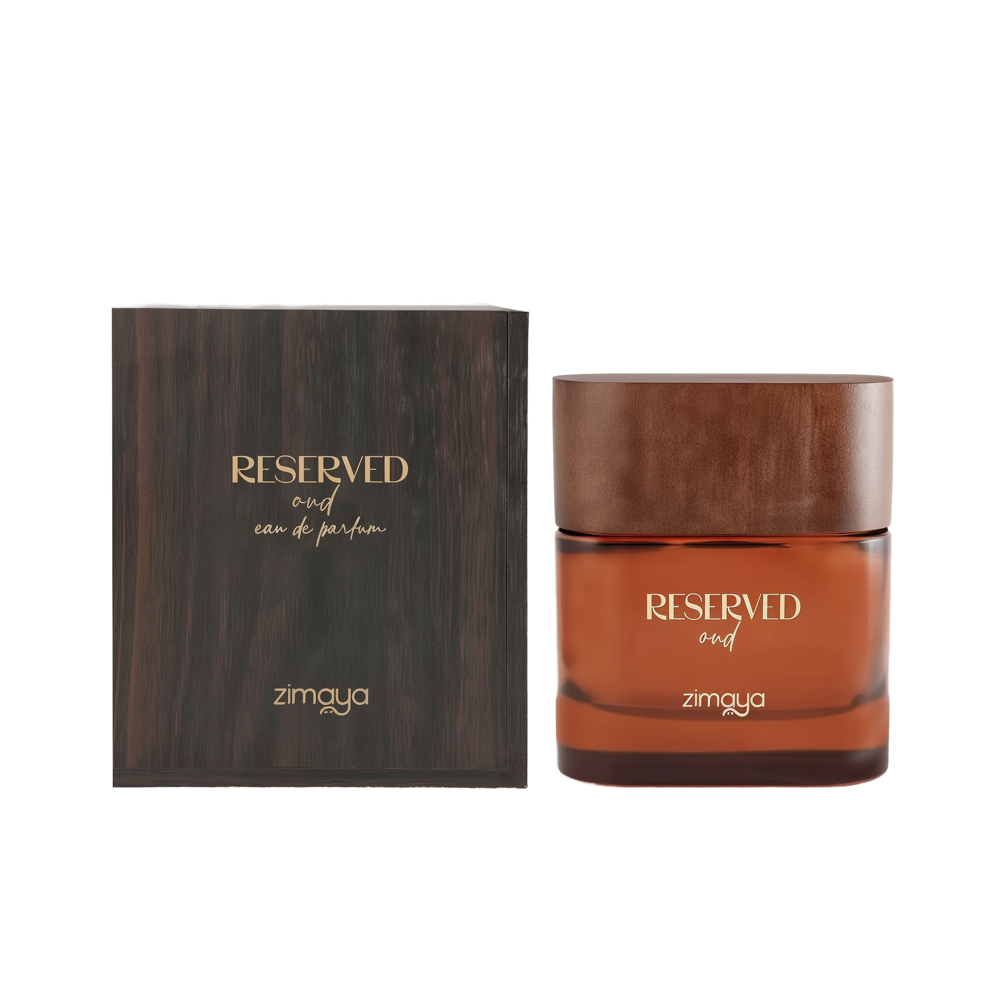 A bottle and box of Reserved Oud Eau De Parfum by Zimaya. The perfume bottle has a sleek amber-brown glass body with a smooth, rounded wooden cap. The front of the bottle features the text "RESERVED oud" in elegant gold and white fonts, along with the Zimaya logo at the bottom. The matching box is designed with a dark woodgrain texture and gold-embossed lettering that mirrors the bottle’s design, creating a sophisticated and earthy aesthetic.