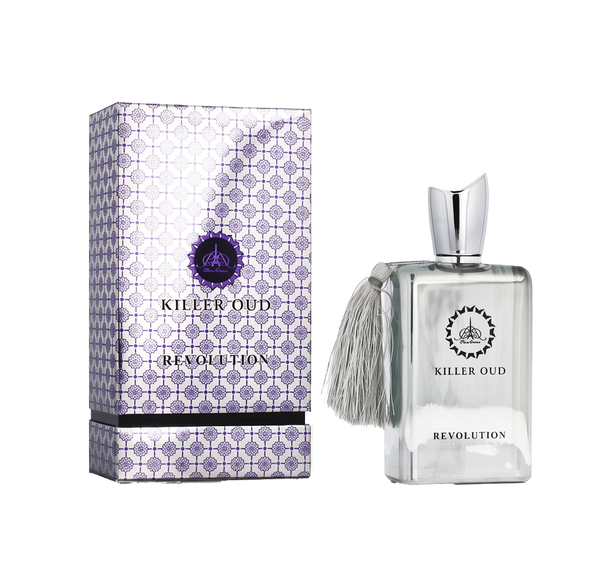 A rectangular silver perfume bottle with a silver tassel and a metallic cap, labeled “Killer Oud Revolution,” standing beside a coordinating box featuring a purple and silver geometric pattern.