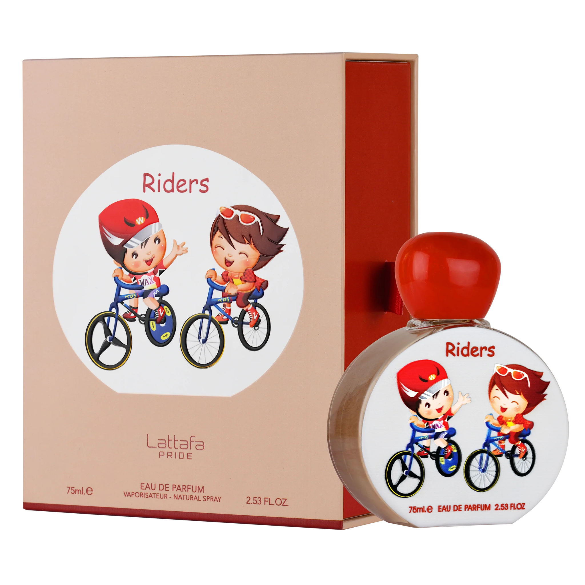 Lattafa Riders Eau De Parfum, bottle and packaging featuring cartoon illustration of two children riding bicycles.