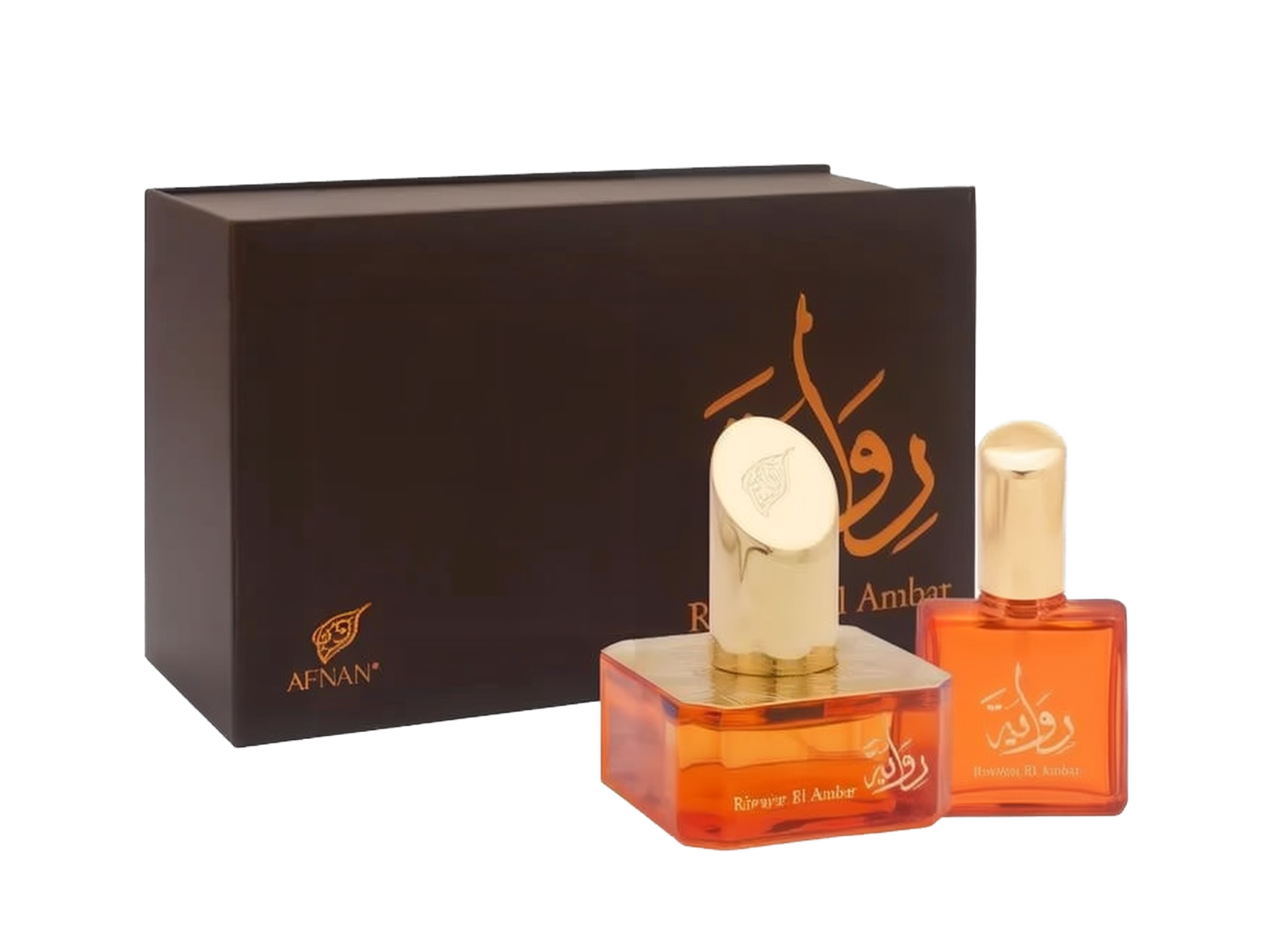 The image shows a set of two perfume bottles with a dark brown backdrop provided by their box packaging. On the left, there is a larger rectangular packaging box with the brand logo "AFNAN" in gold at the lower left corner and an elaborate calligraphic design in gold at the center. The design possibly represents the name of the perfume in Arabic script. In front of the box, there are two transparent orange-colored glass perfume bottles, each with gold caps.