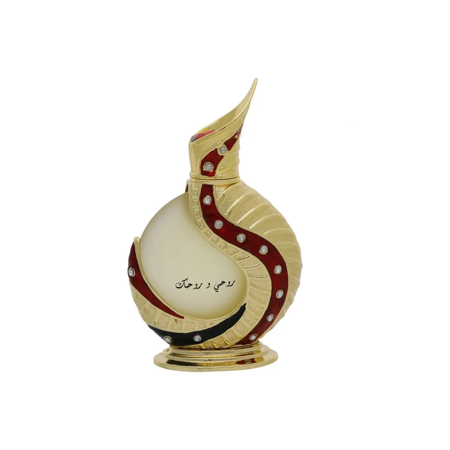 The image shows an intricately designed perfume bottle:  The bottle has a spherical base with a slender, curved neck that extends into a pointed tip, reminiscent of traditional Middle Eastern design. It is predominantly off-white with gold accents and features a decorative red swirl with embedded gem-like stones. Arabic calligraphy is displayed on the lower part of the bottle, adding to its cultural aesthetic. The bottle rests on a small, ornate gold stand.