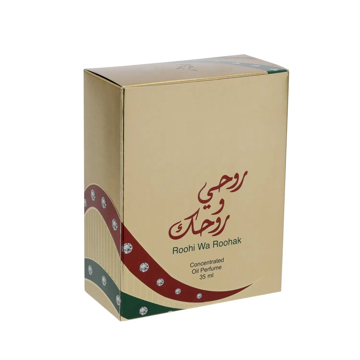 The image depicts a perfume box with the following features:  The box is primarily gold with a matte finish. The bottom portion curves into a wave-like design featuring maroon and green colors with embedded gem-like patterns. Arabic calligraphy in a flowing script is prominently displayed on the front of the box, reading "روحي و روحك" (Roohi Wa Roohak).