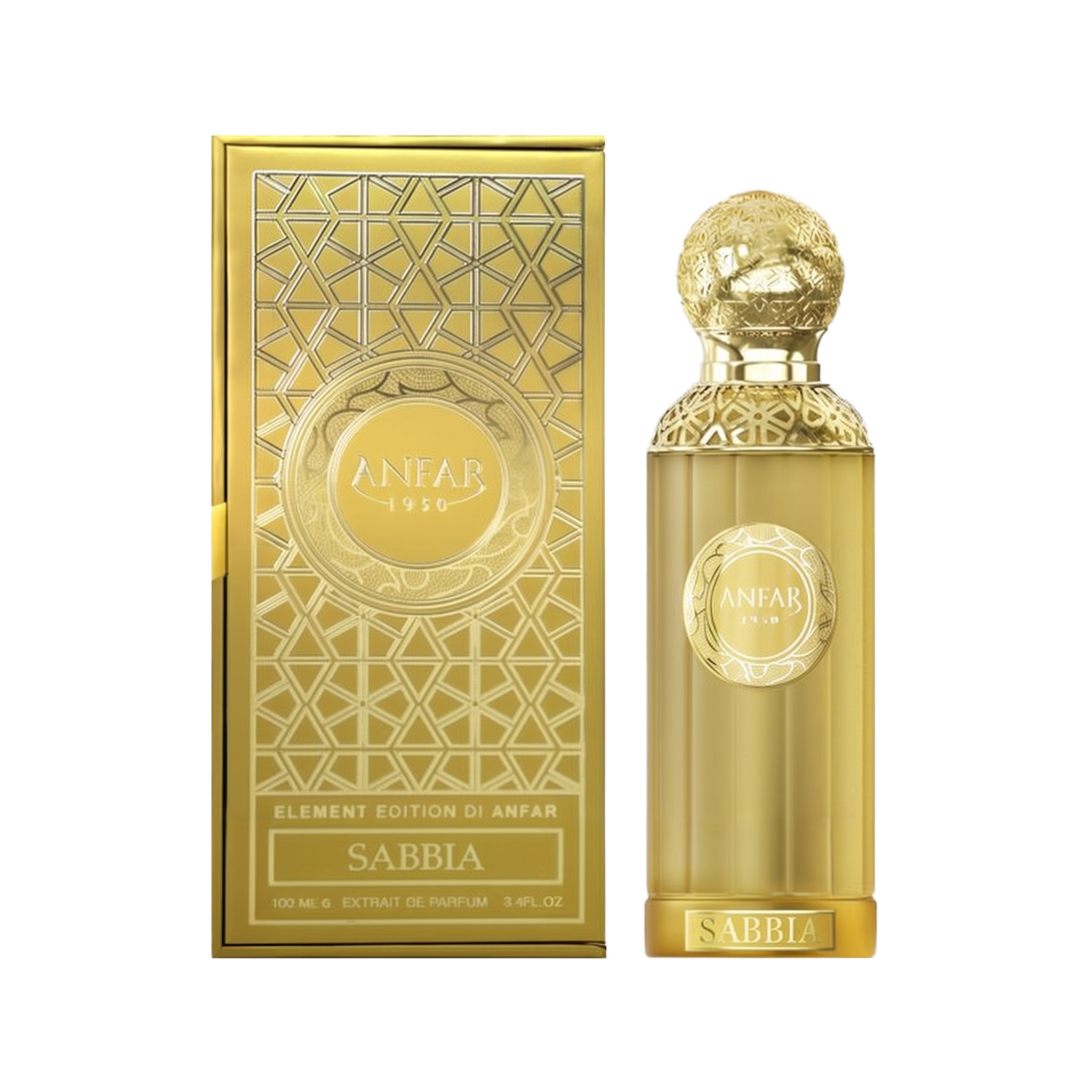 The image showcases the "Sabbia Extrait De Parfum 100ml Unisex" by Anfar. The perfume bottle is an elegant golden hue, topped with an intricate, textured golden cap that adds a touch of luxury. The front of the bottle features the Anfar logo in a circular