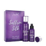 Purple Gissah Saffron Silk Hair Perfume set with two bottles and matching packaging box displaying product name.