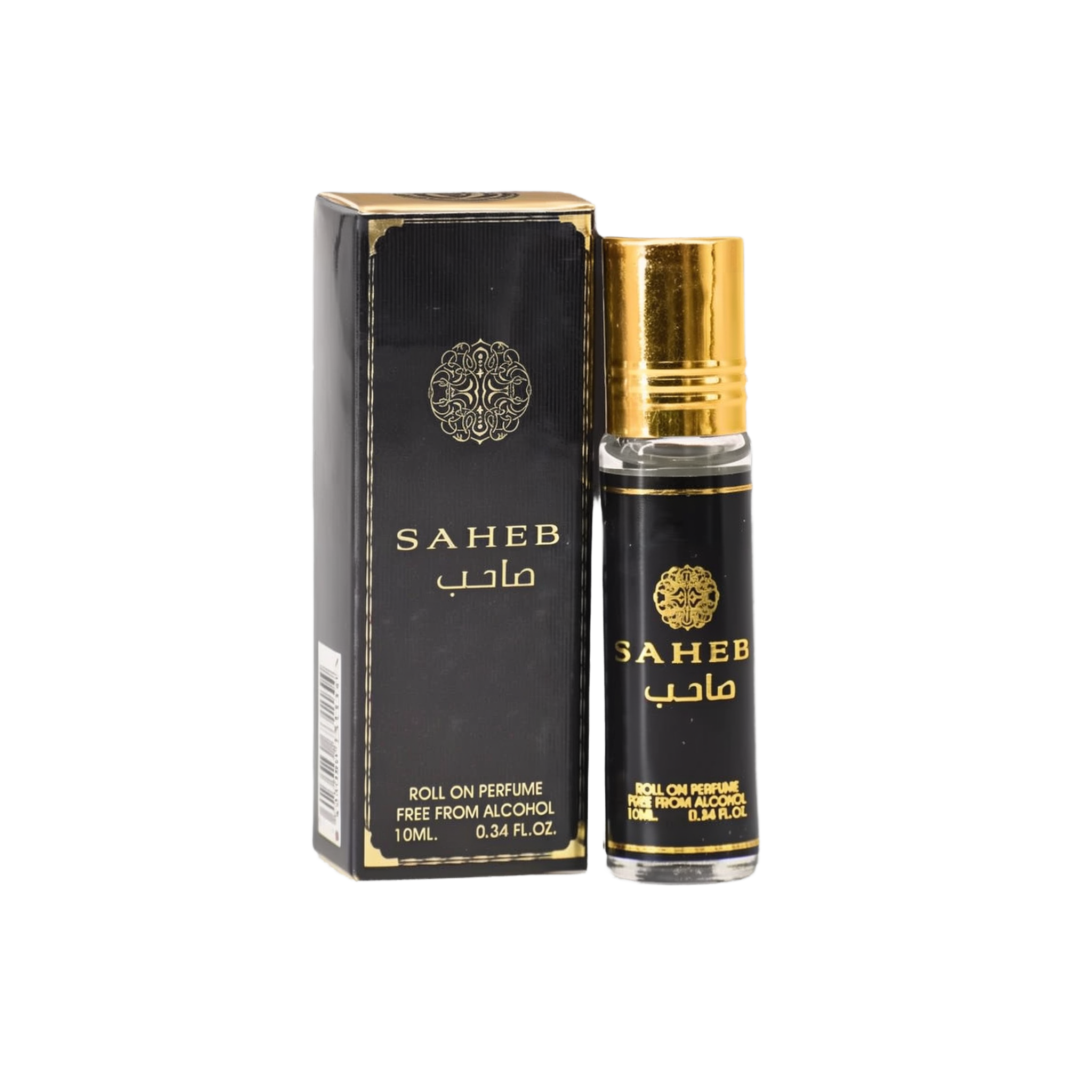 The image shows a product named "Saheb," which is a roll-on perfume oil by Ard Al Zaafaran. The bottle and its accompanying box feature a sleek black design with gold accents. The box also has a decorative emblem and a barcode on one side.