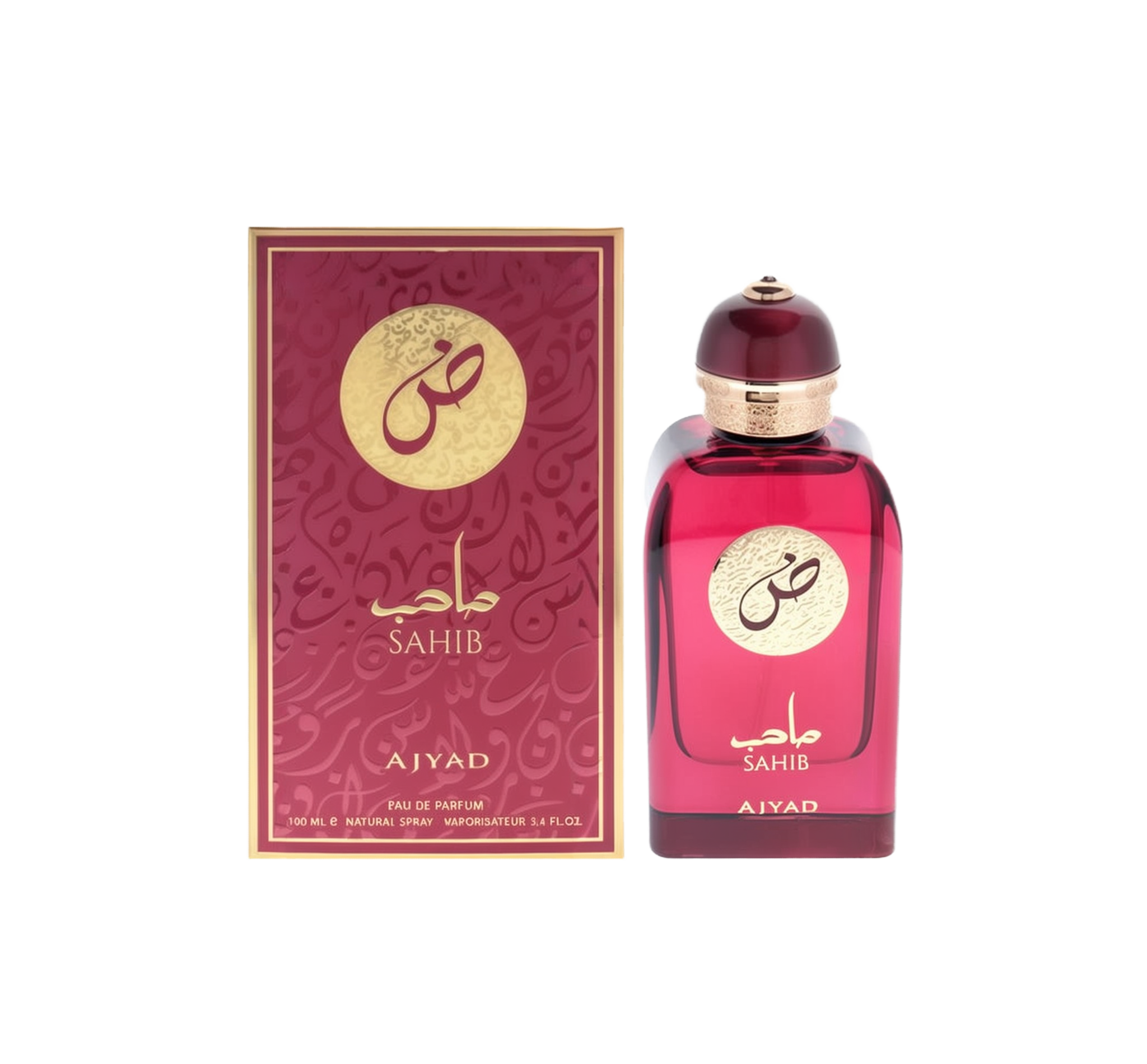 A rectangular deep red perfume bottle with gold Arabic text reading “Sahib” and a dome-shaped cap, shown alongside a matching red and gold box labeled “Sahib” and “Ajyad.”
