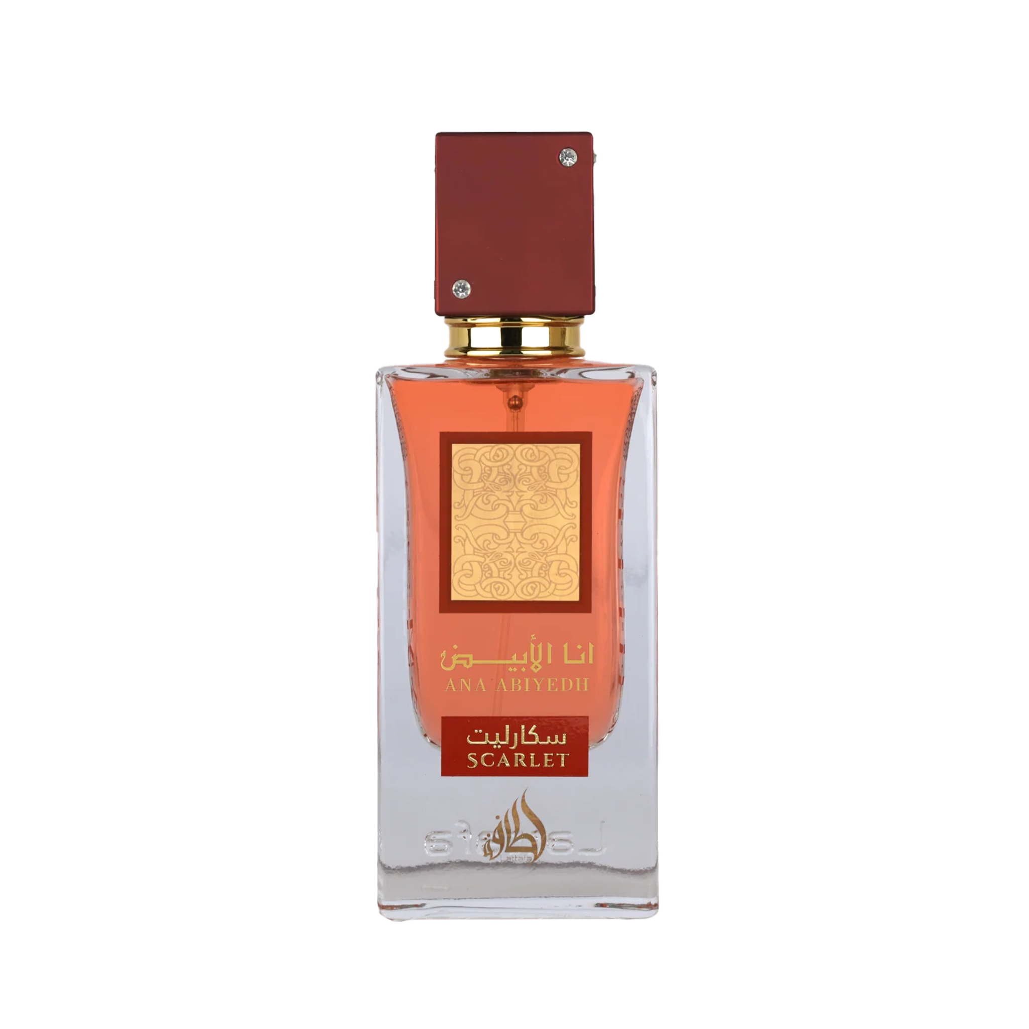 Rectangular perfume bottle with red cap and Scarlet Ana Abiyedh Lattafa branding in gold and red.
