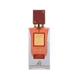 Rectangular perfume bottle with red cap and Scarlet Ana Abiyedh Lattafa branding in gold and red.