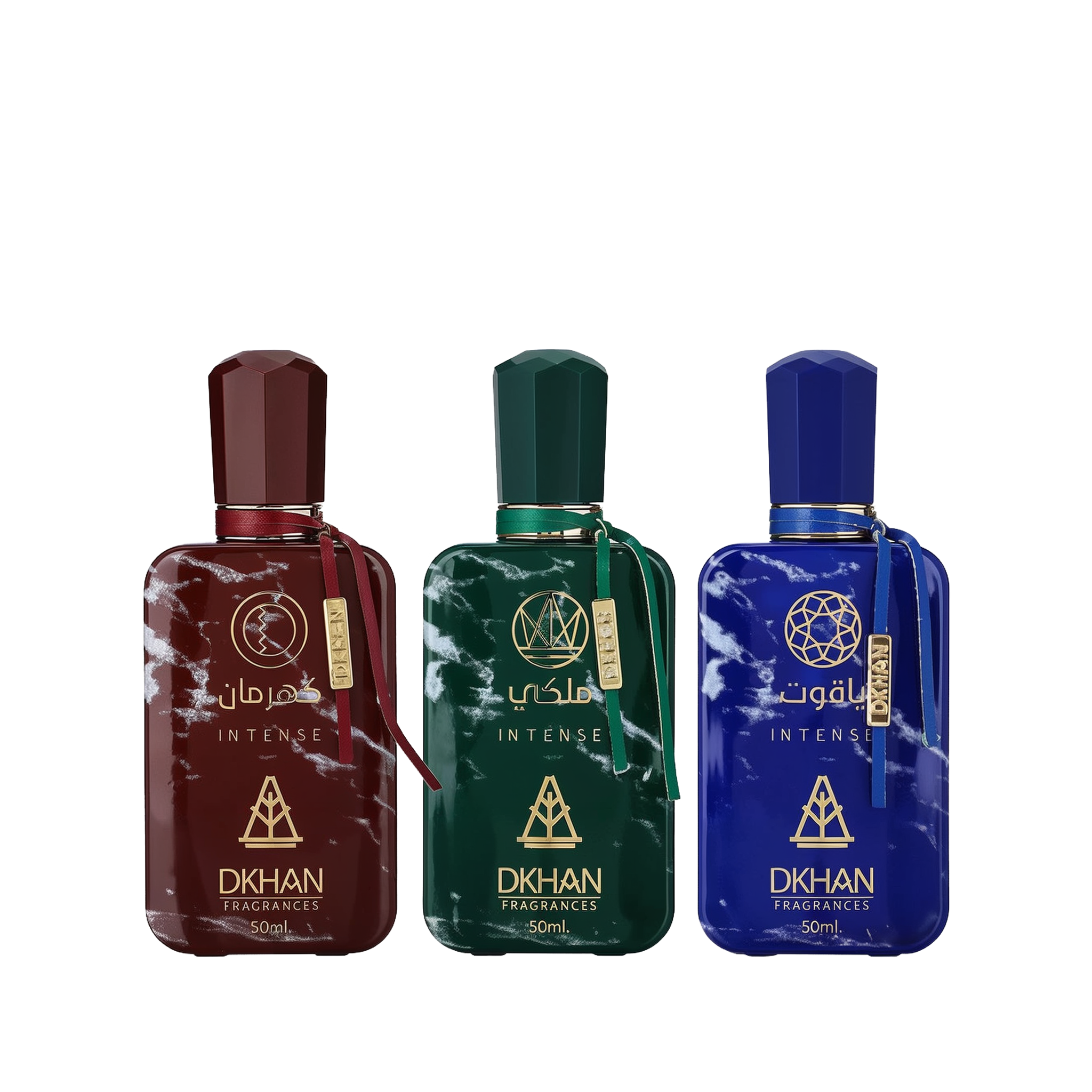 This image features a set of three distinct perfume bottles from DKHAN Fragrances, each containing 50ml of Eau de Parfum. From left to right: the first bottle is maroon with a matching geometric cap and a gold tag, the second bottle is emerald green with a gold tag, and the third is cobalt blue with a gold tag. Each bottle has a marbled effect and is adorned with the DKHAN logo and 'INTENSE' in gold lettering, along with the brand's emblem, a heart within a diamond shape.