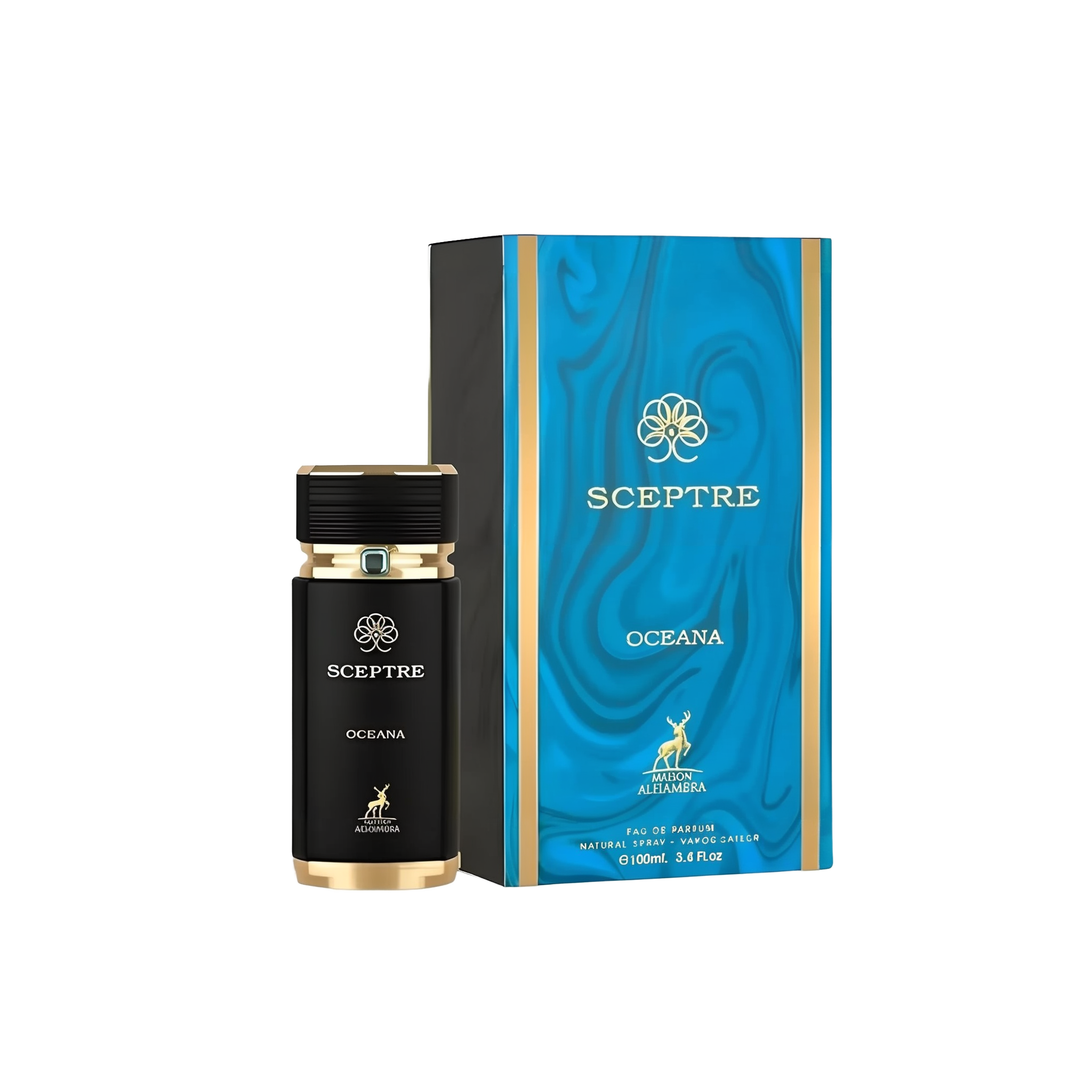 The image shows a product called "Sceptre Oceana" by Maison Alhambra. The product consists of a black and gold bottle of Eau de Parfum and its corresponding box. The box features a blue, marbled design with gold accents and the brand name "Sceptre" in gol