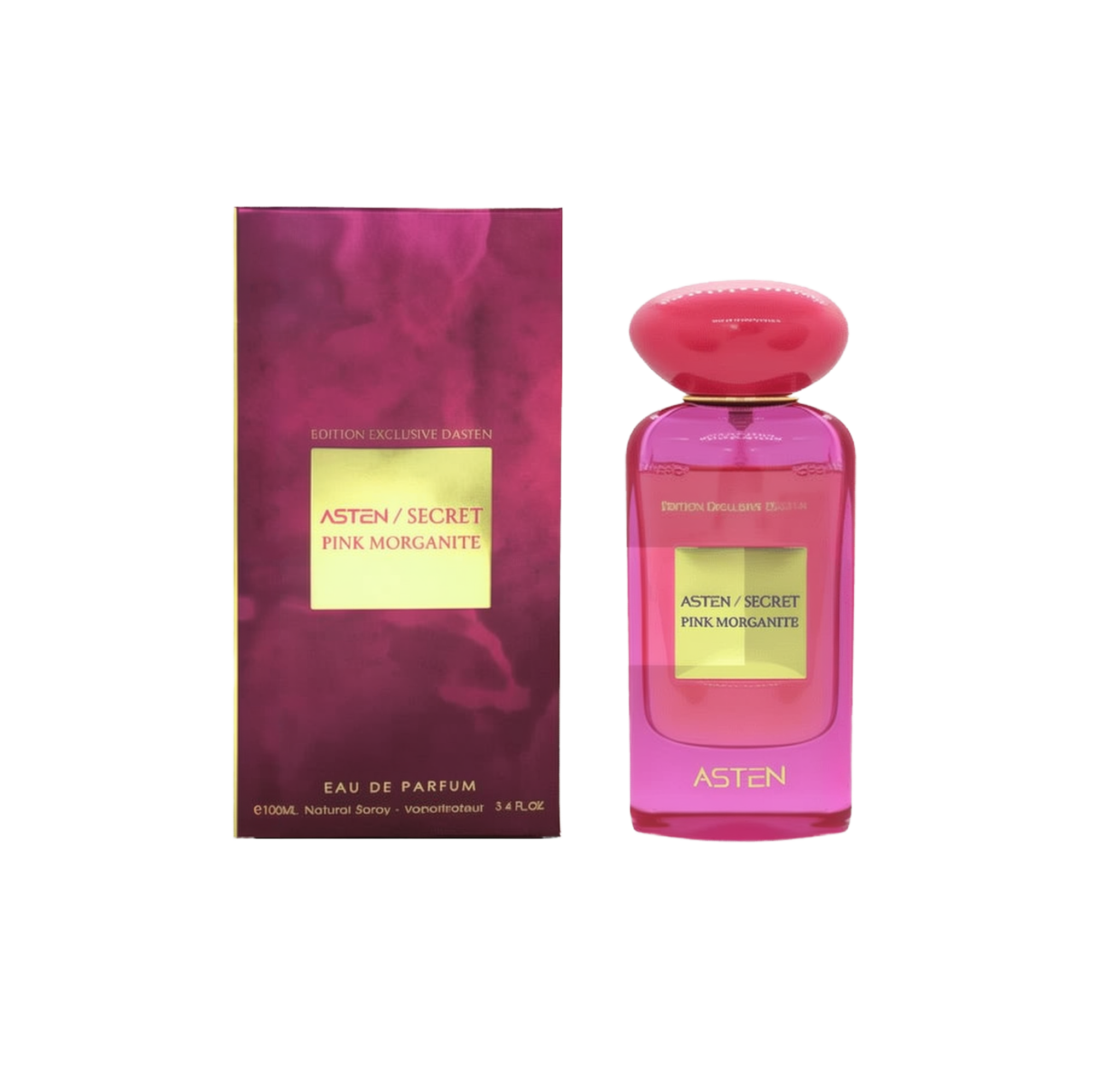 A pink rectangular glass perfume bottle with a rounded pink cap, labeled “Asten/Secret Pink Morganite,” standing beside a matching burgundy box featuring a gold label with the same text.