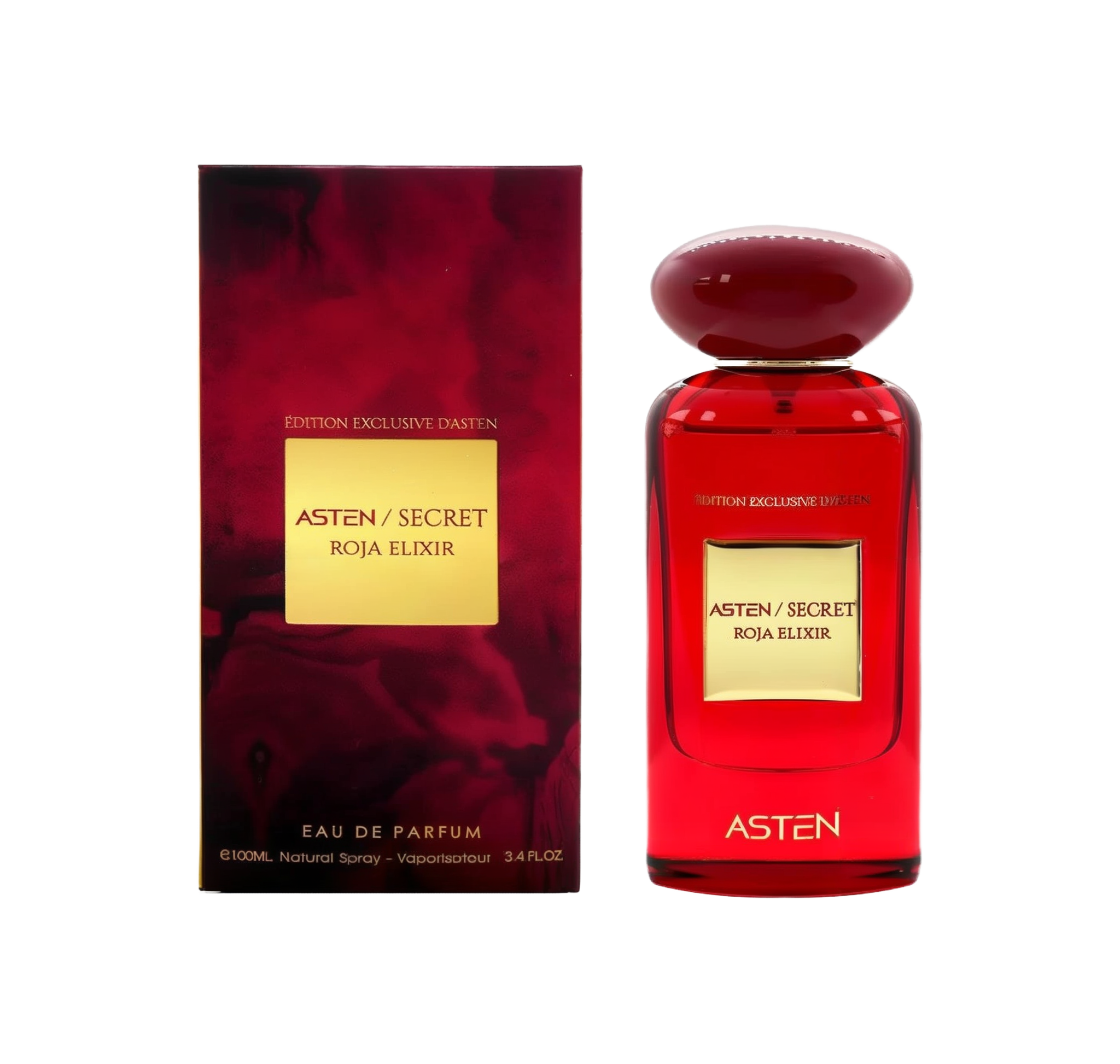 A rectangular, translucent red perfume bottle with an oval top cap, labeled “Asten/Secret Roja Elixir,” standing beside a matching red box featuring a gold label with the same text.