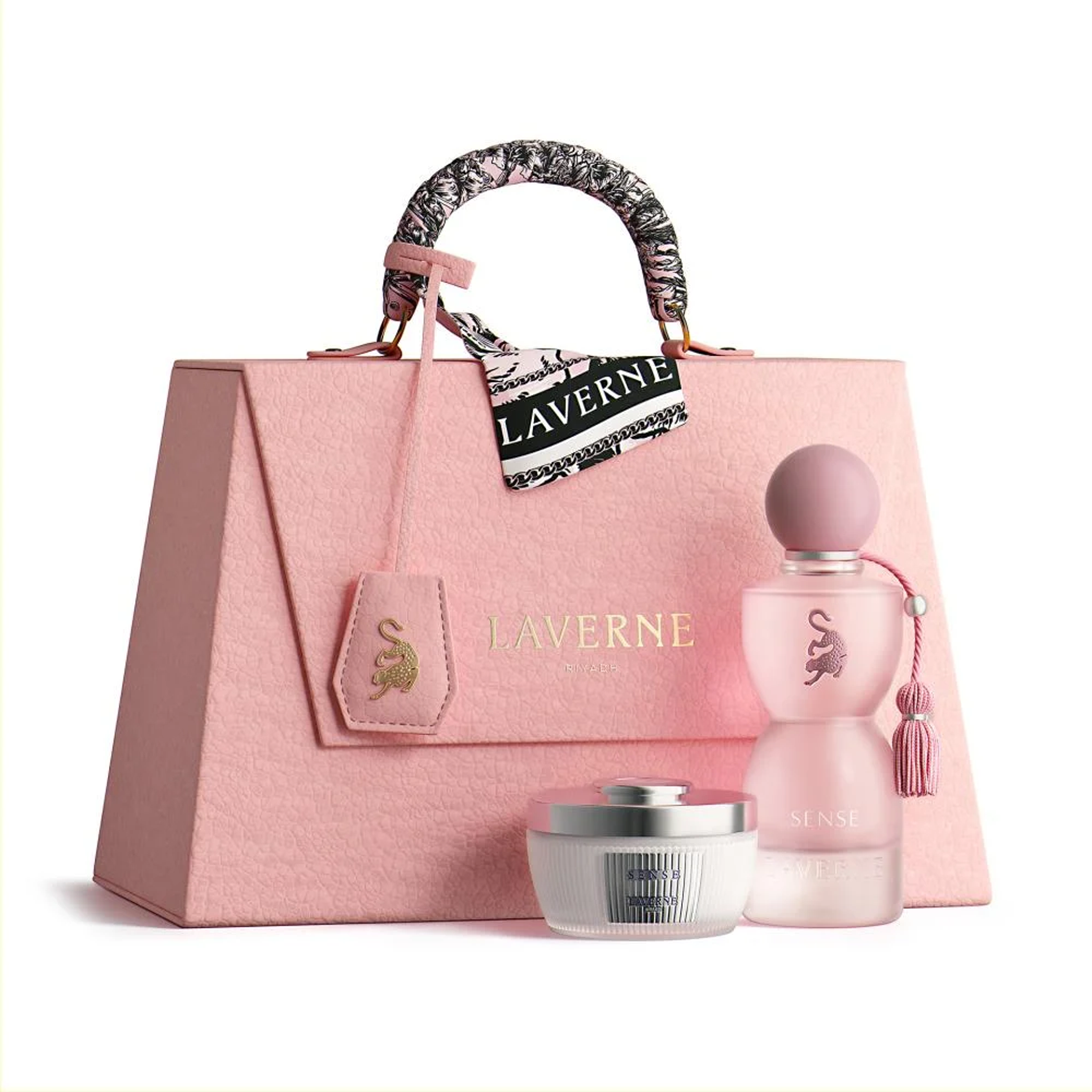 Laverne Sense perfume gift set with pink handbag-style box, frosted pink bottle, and matching white jar with silver lid.