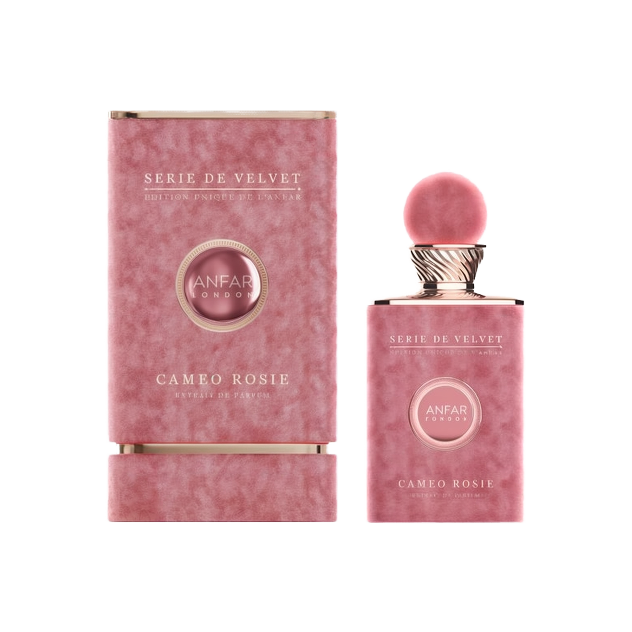 The image displays the "Cameo Rosie Extrait De Parfum" from the "Serie De Velvet" collection by Anfar. The perfume bottle has an elegant, velvety pink finish, matching the texture of the packaging box beside it. The bottle is topped with a soft pink spher