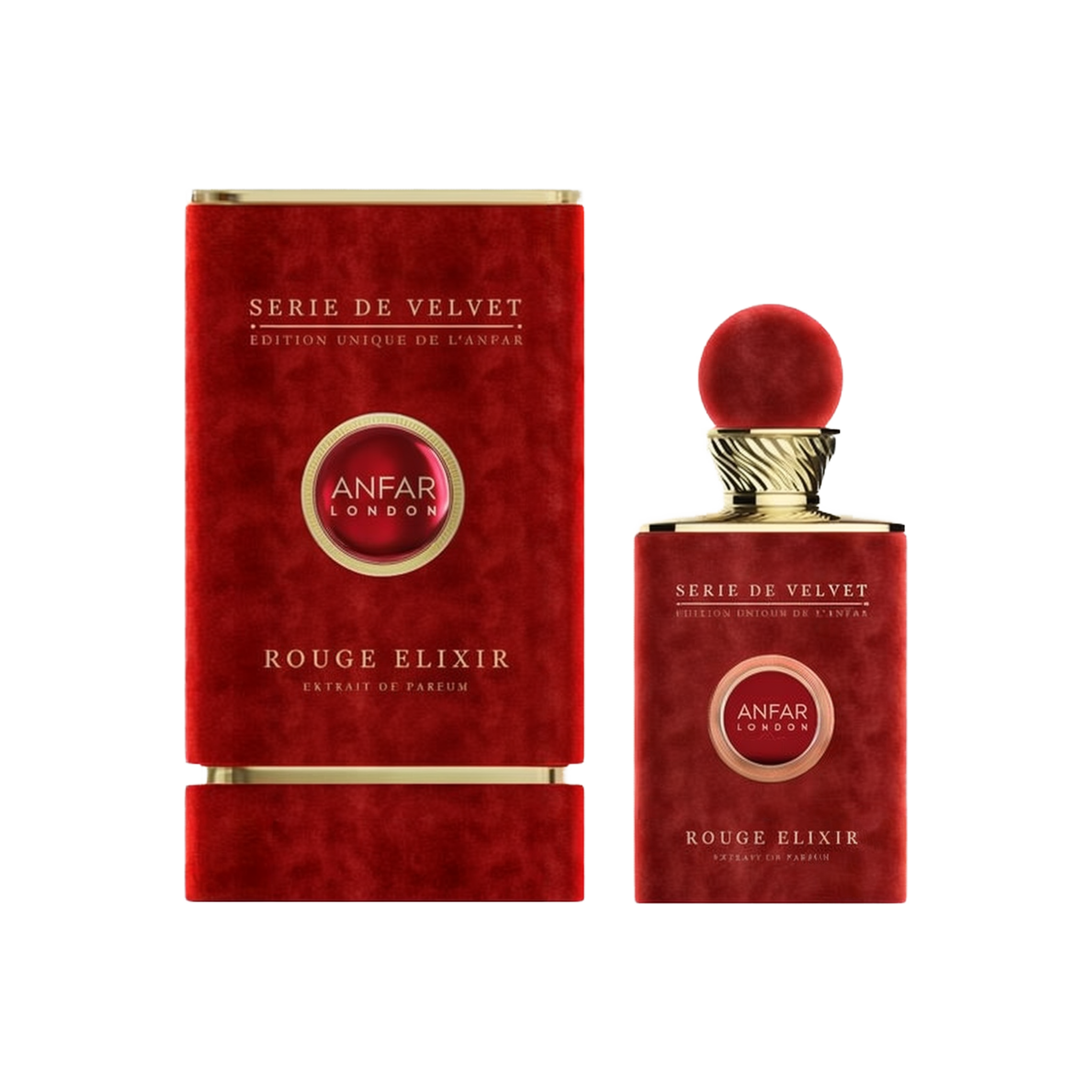 The image features the "Rouge Elixir Extrait De Parfum" from the "Serie De Velvet" collection by Anfar. The perfume bottle is covered in a luxurious, velvety red finish, complemented by a round red cap with a gold collar for an opulent look. The front of