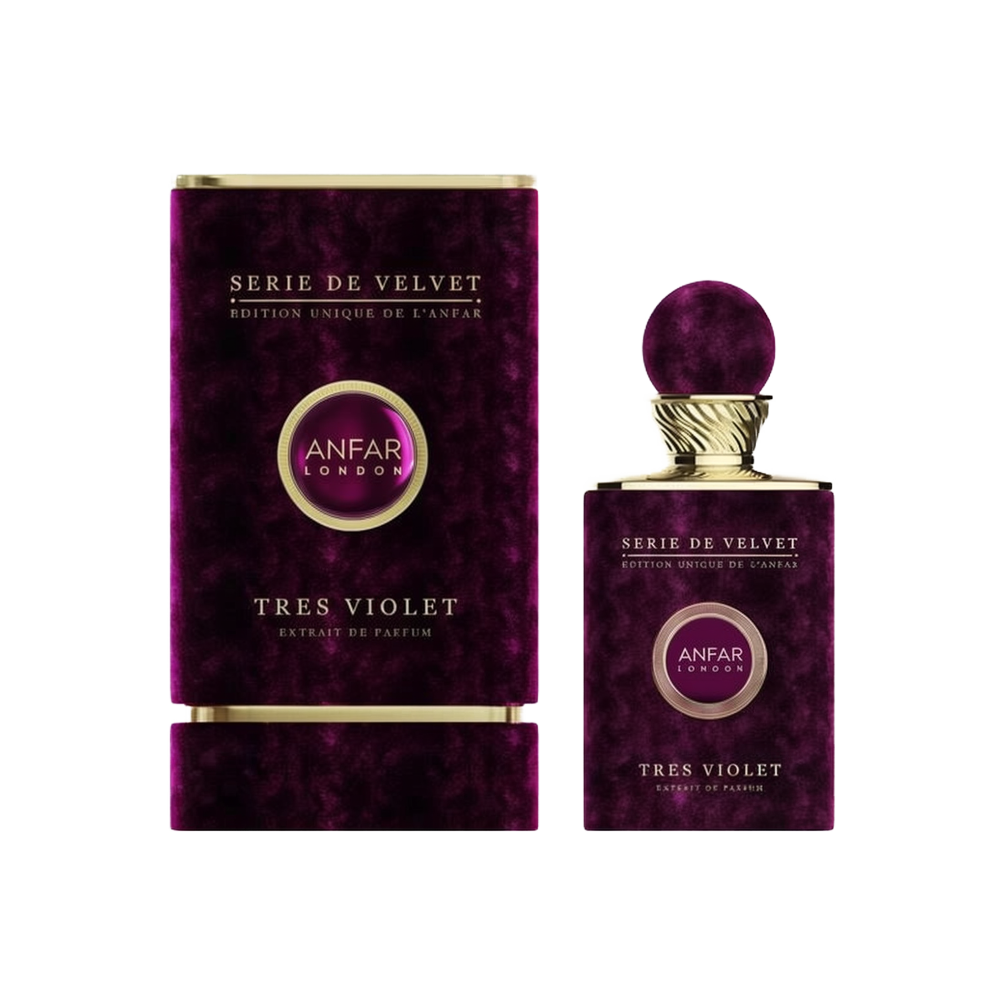 Anfar London Serie de Velvet Tres Violet Extrait de Parfum, featuring a luxurious velvet-textured purple packaging with gold accents and a matching elegant perfume bottle with a spherical cap, exuding a sophisticated and premium design.