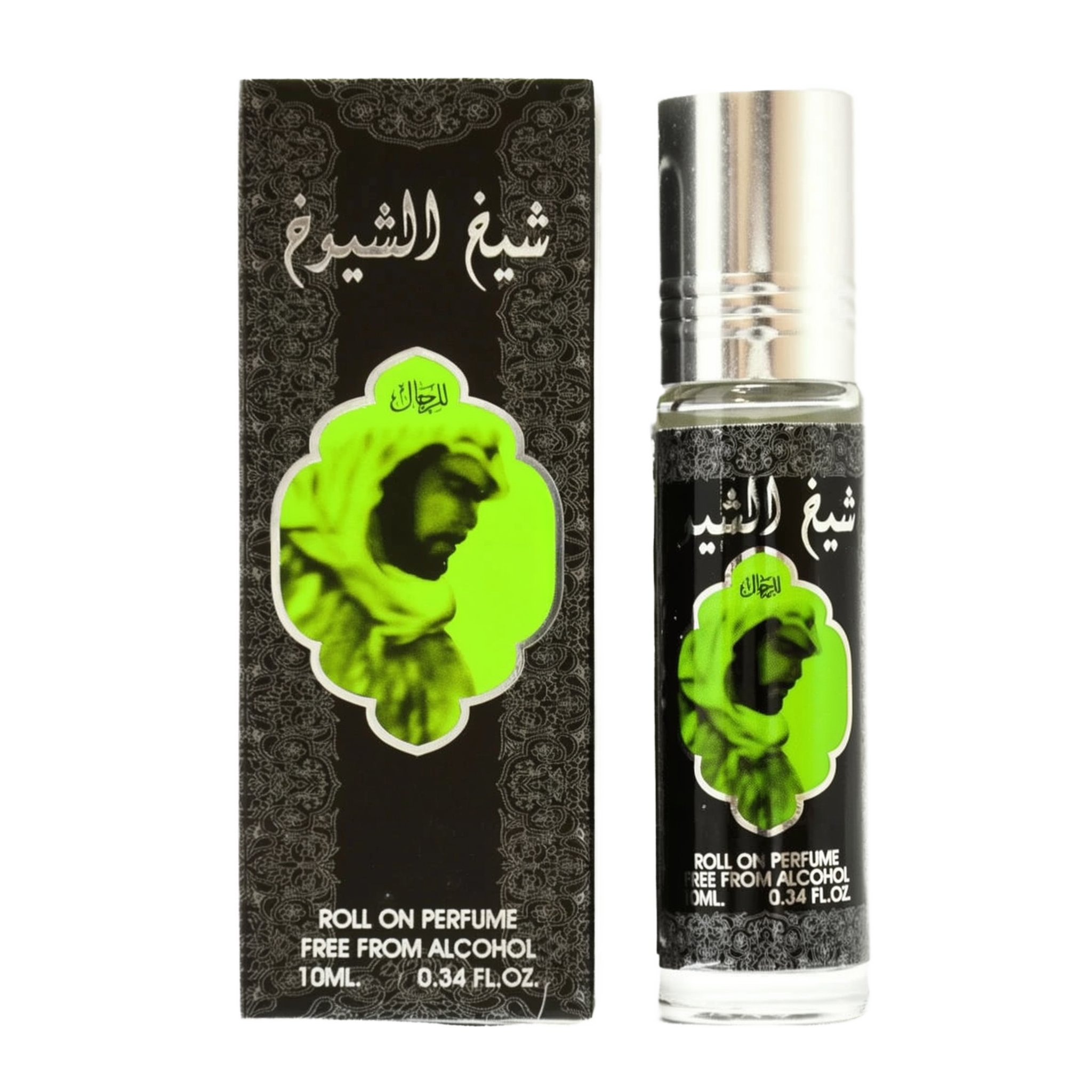 The image shows a product named "Sheikh Al Shuyukh," which is a roll-on perfume oil by Ard Al Zaafaran. The bottle and its accompanying box feature a black design with intricate patterns and a prominent green image of a person wearing traditional attire.