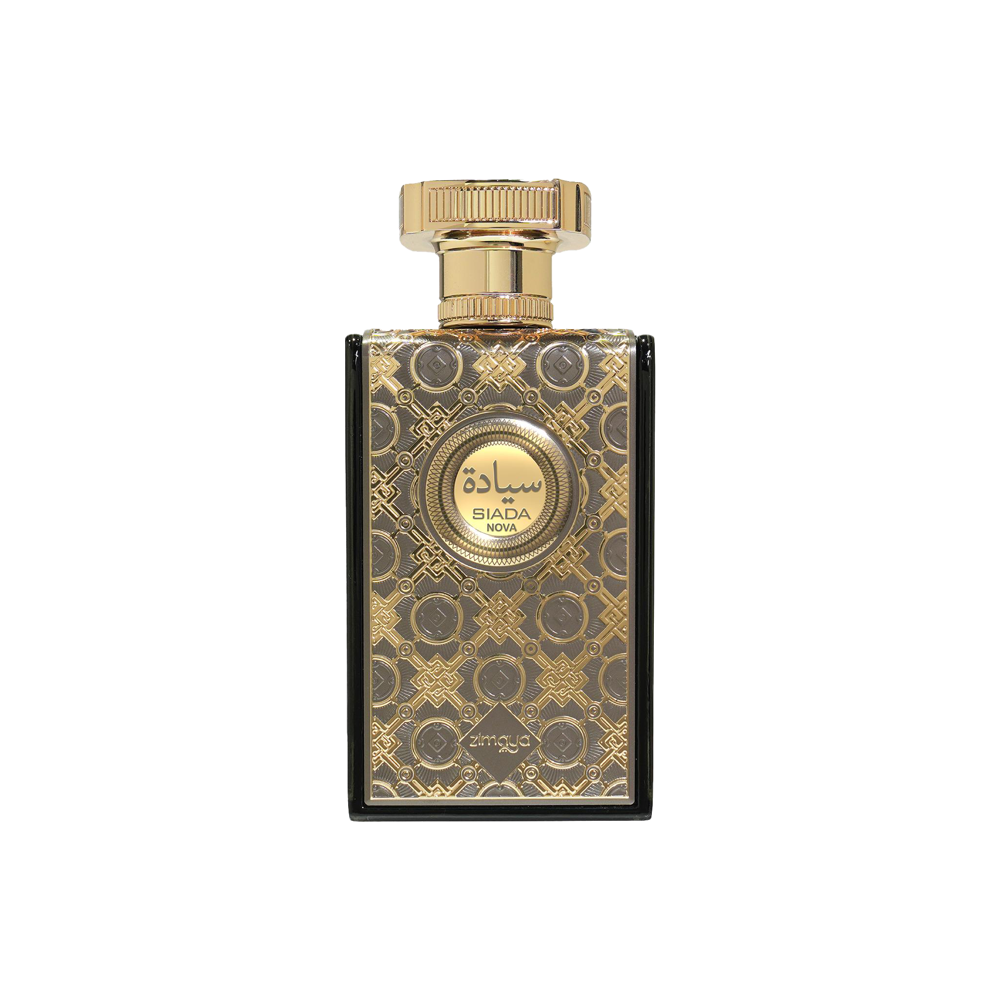 Rectangular perfume bottle with ornate gold patterned front and Siada Nova Zimaya branding on label.