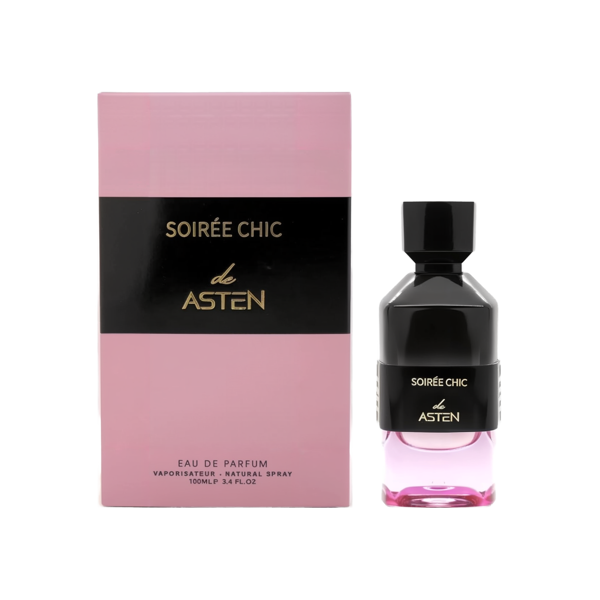 A rectangular pink box with a black band and gold lettering reading “Soirée Chic de Asten,” shown alongside a coordinating perfume bottle featuring a black cap and top half over a pink glass base. The bottle is labeled with the same text, and the box indicates it is an Eau De Parfum (100 ml / 3.4 fl oz).
