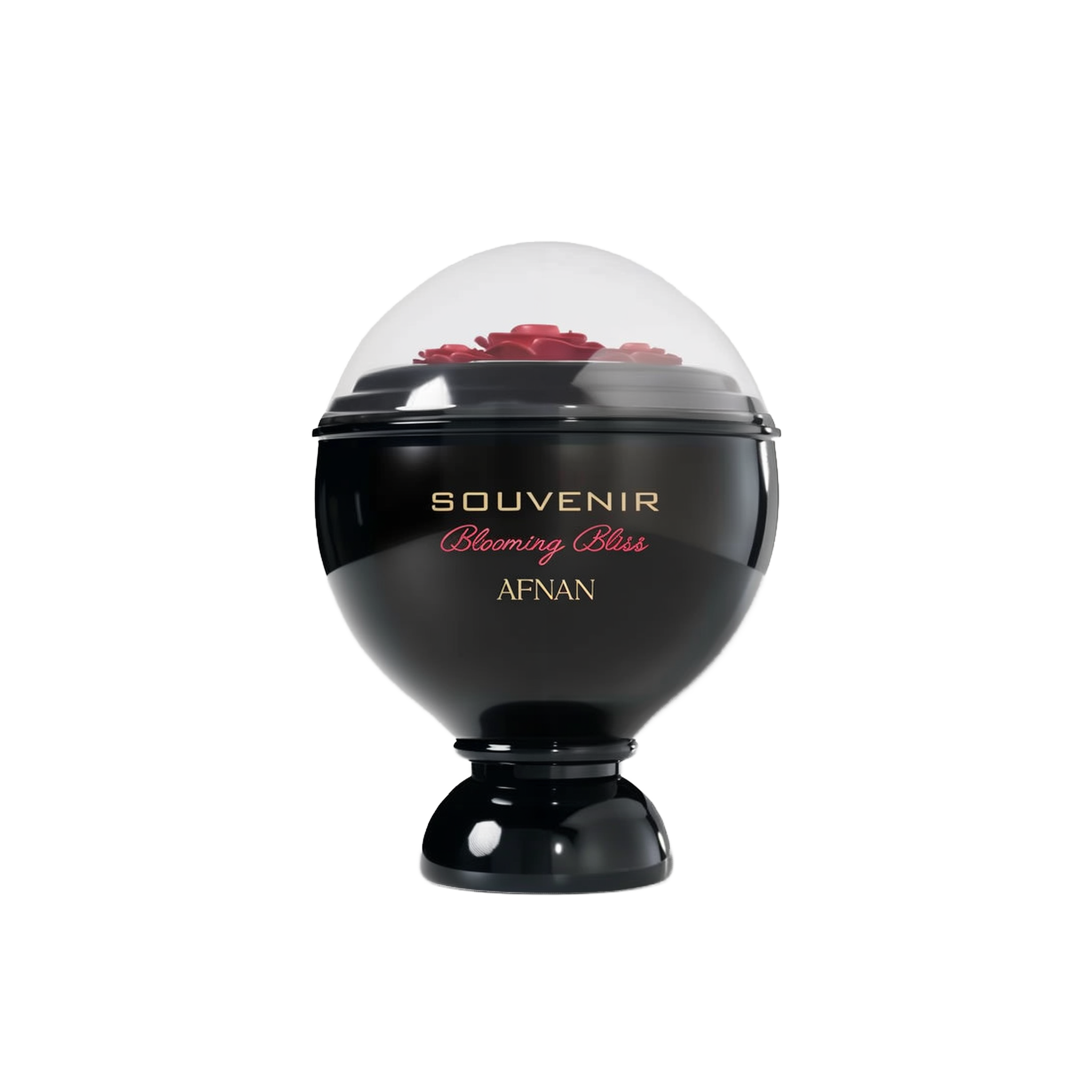 A glossy black, spherical perfume bottle labeled “Souvenir Blooming Bliss” by Afnan, topped with a transparent dome showcasing sculpted red roses underneath.
