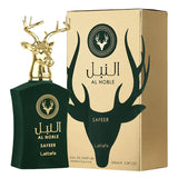 An image of a perfume set including a dark green bottle with a gold deer head cap and a gold box. The bottle has gold lettering that says "AL NOBLE," "SAFEER," and "Lattafa," with a circular stag logo. The box mirrors this design with a stag silhouette and the same text, stating "Eau de Parfum, 100ml, 3.4fl.oz."