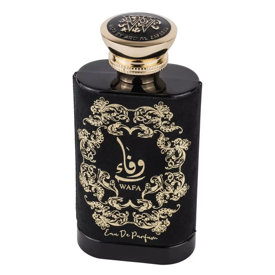 A matte black glass perfume bottle with a textured surface and ornate gold foil detailing. The center of the bottle features an elaborate gold design framing the word "WAFA" in Arabic calligraphy, with the English translation "Eau De Parfum" below. The cap is a cream color with gold accents, and it has an emblem on top that appears to be the logo of "Ard al Zaafaran."