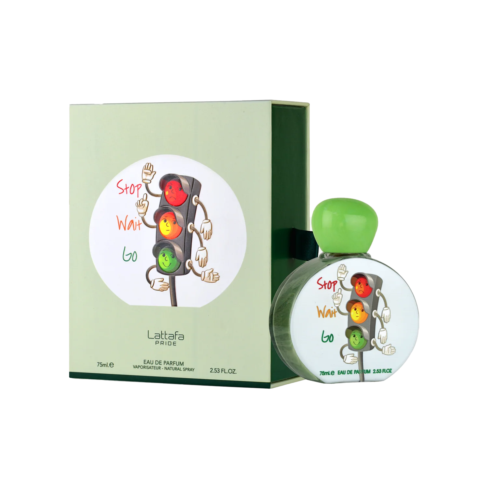 Lattafa Stop Wait Go perfume with green box and round bottle featuring cartoon traffic lights with faces.