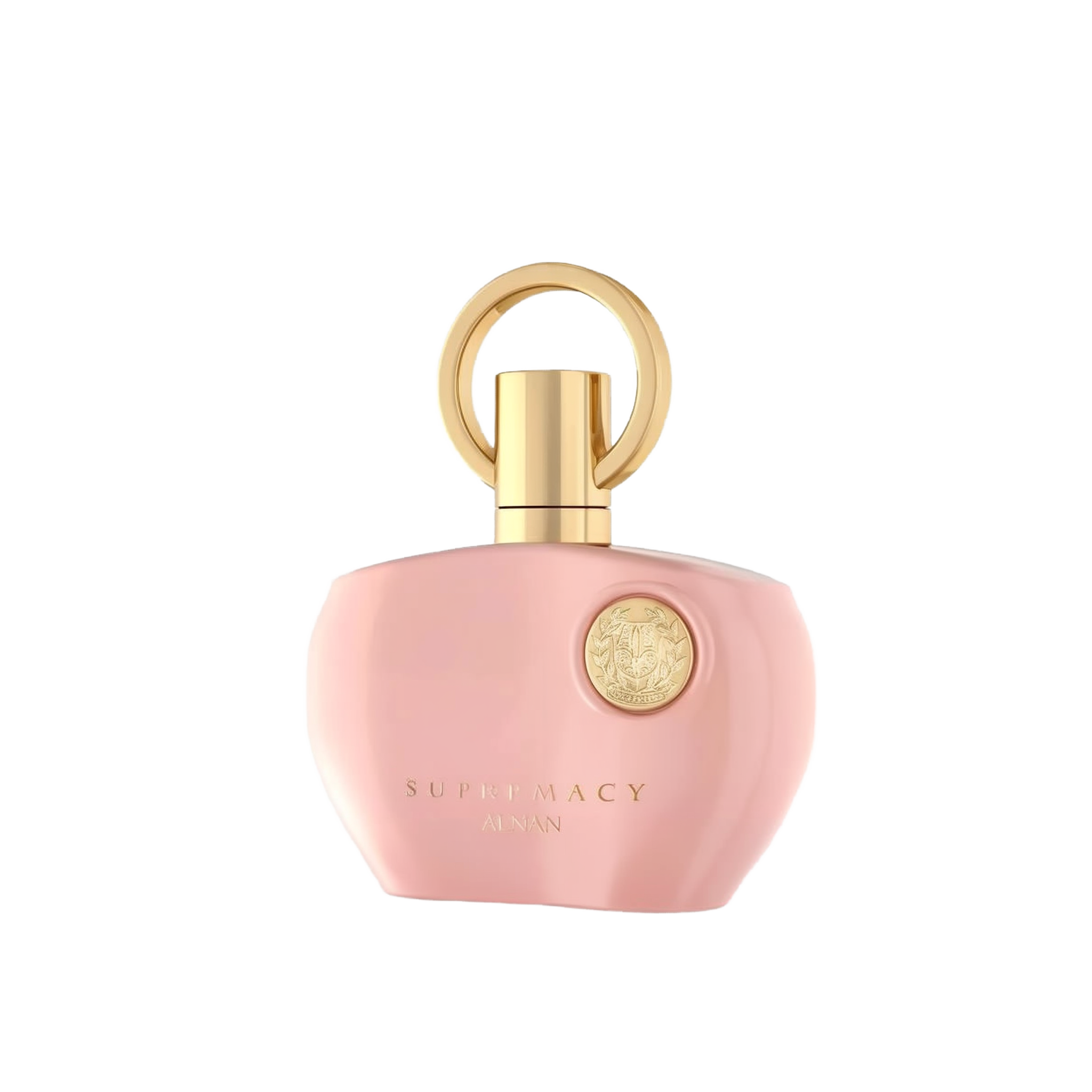The image displays a perfume bottle from Afnan's "SUPREMACY" line. The bottle is made of smooth, matte pink glass and has a rounded, organic shape with a flat base, allowing it to stand upright. The cap is a glossy golden hue, designed with a loop that creates a visual focus and adds an element of luxury. On the front of the bottle is a golden emblem, adding a touch of elegance to the overall design. Below the emblem, in a simple and sophisticated font, reads "SUPREMACY AFNAN."