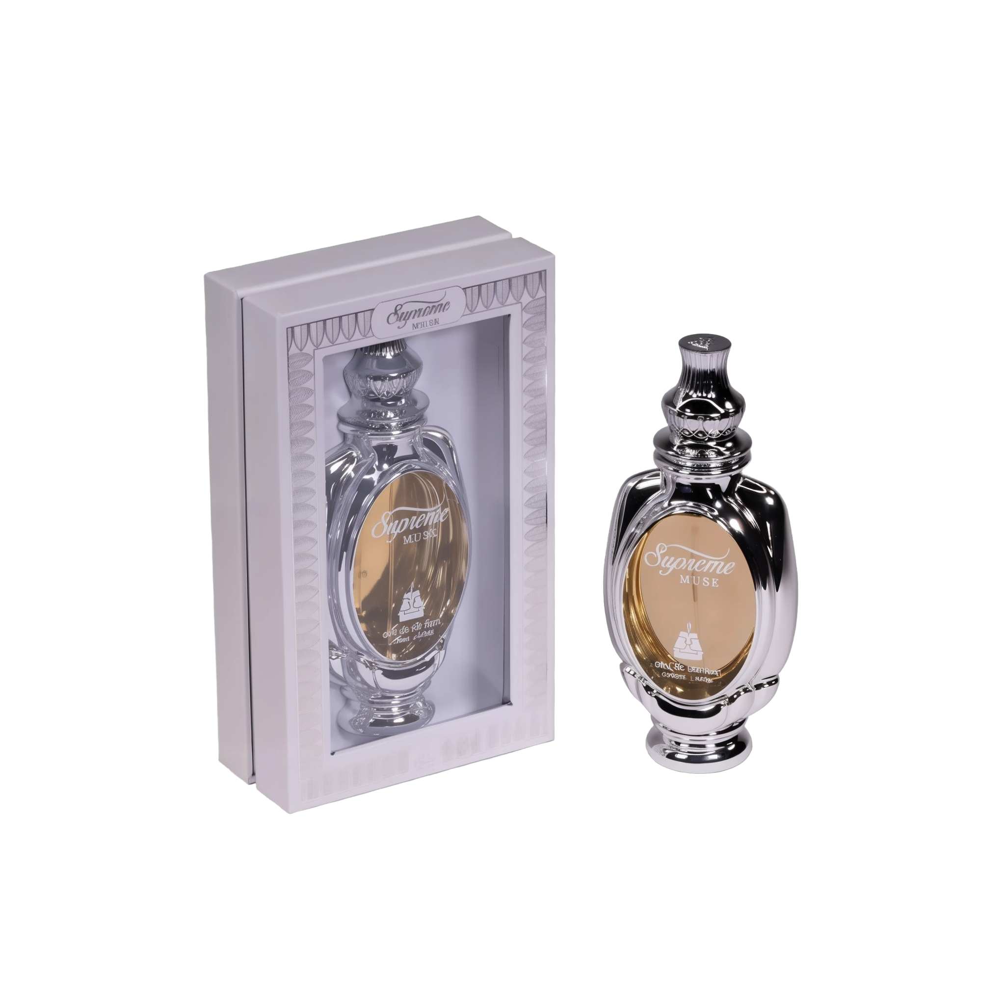 An image of Supreme Musk Eau de Parfum, showing the perfume bottle outside its packaging. The bottle has a traditional and ornate design, with a shiny black exterior and intricate silver accents. The label features the name "Supreme Musk" in elegant script. The packaging is a simple yet classy grey box with a window that allows the bottle to be viewed, bordered with ornamental patterns.