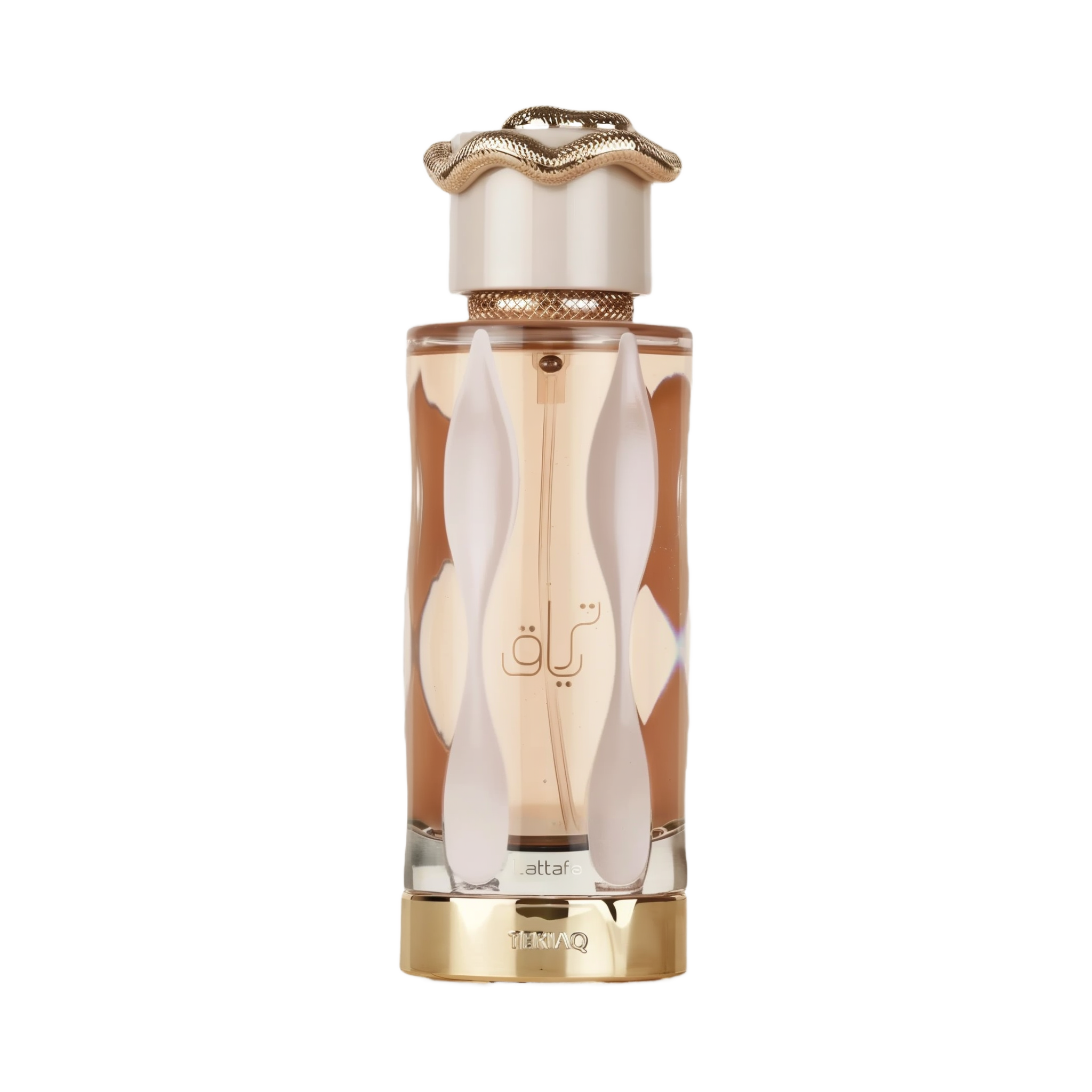 The bottle has a sleek, elongated shape with a clear glass revealing the amber-colored perfume inside.