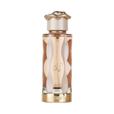 The bottle has a sleek, elongated shape with a clear glass revealing the amber-colored perfume inside.