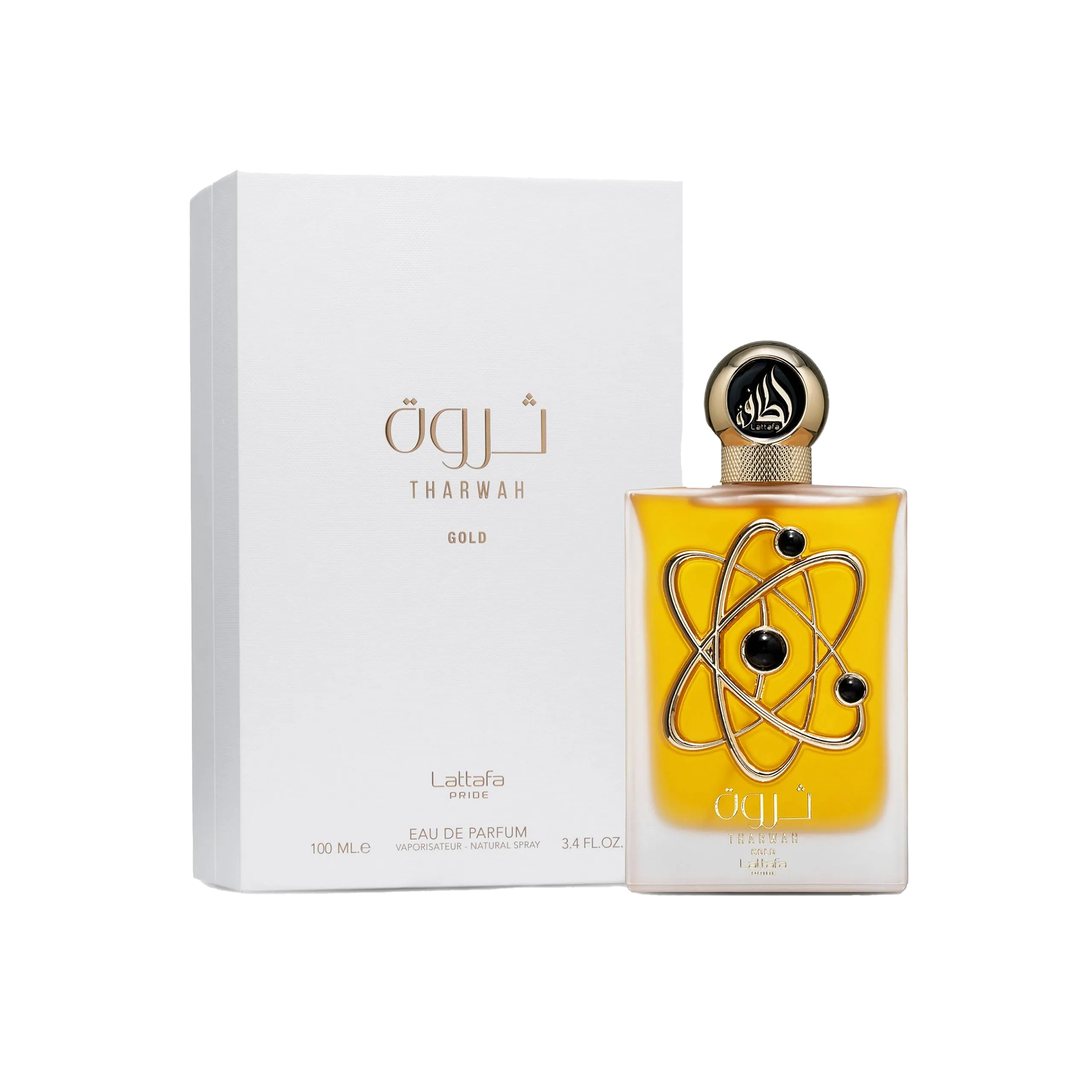 Tharwah Gold by Lattafa, featuring a luxurious fragrance bottle with metallic design and matching white and gold gift box.