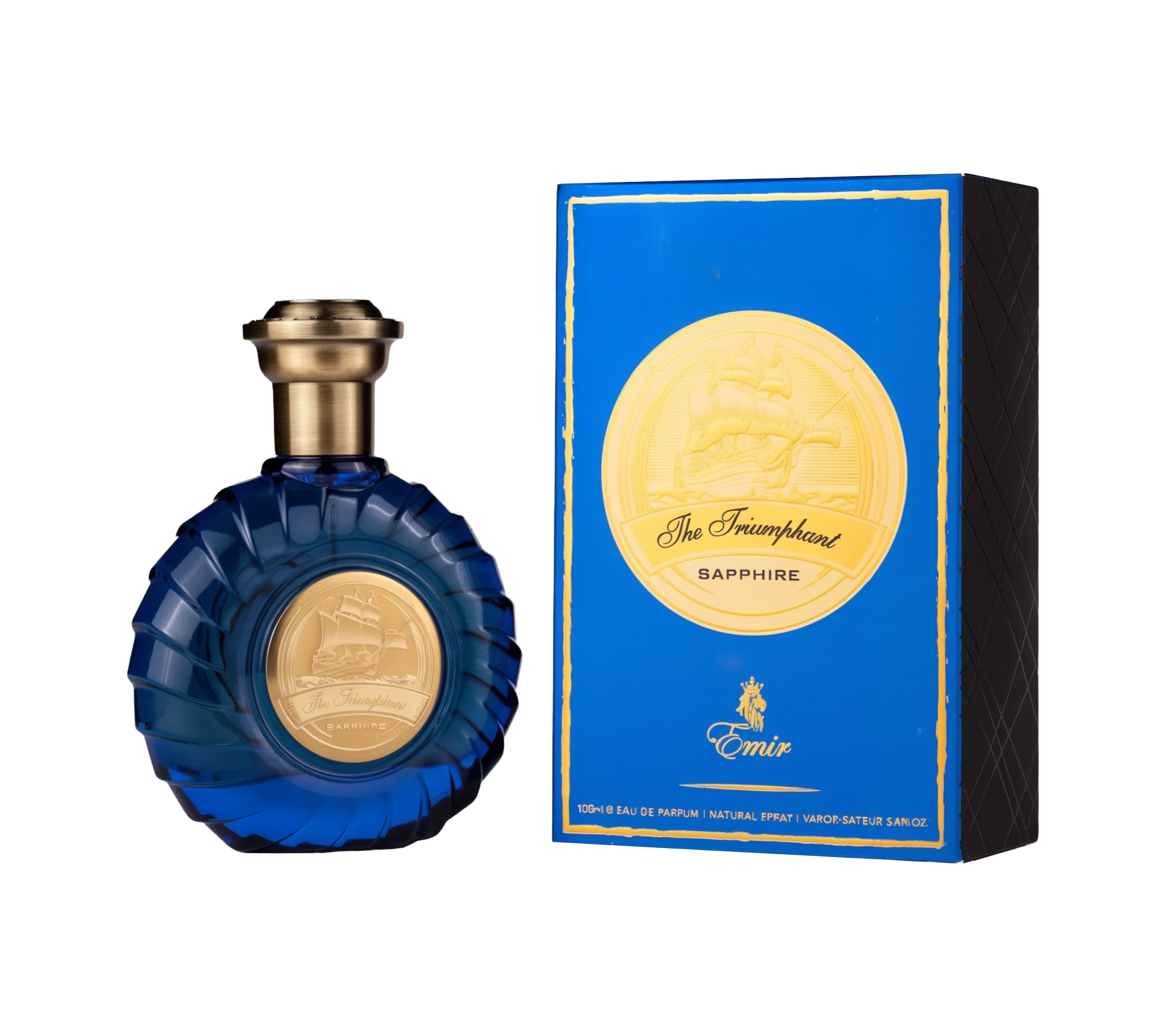 A round, deep-blue perfume bottle with a ridged design and a gold-toned cap, featuring a circular gold emblem depicting a ship on the front. It is displayed alongside a coordinating royal-blue rectangular box with gold trim and the same ship emblem, labeled “The Triumphant Sapphire” by Emir (100 ml Eau De Parfum).