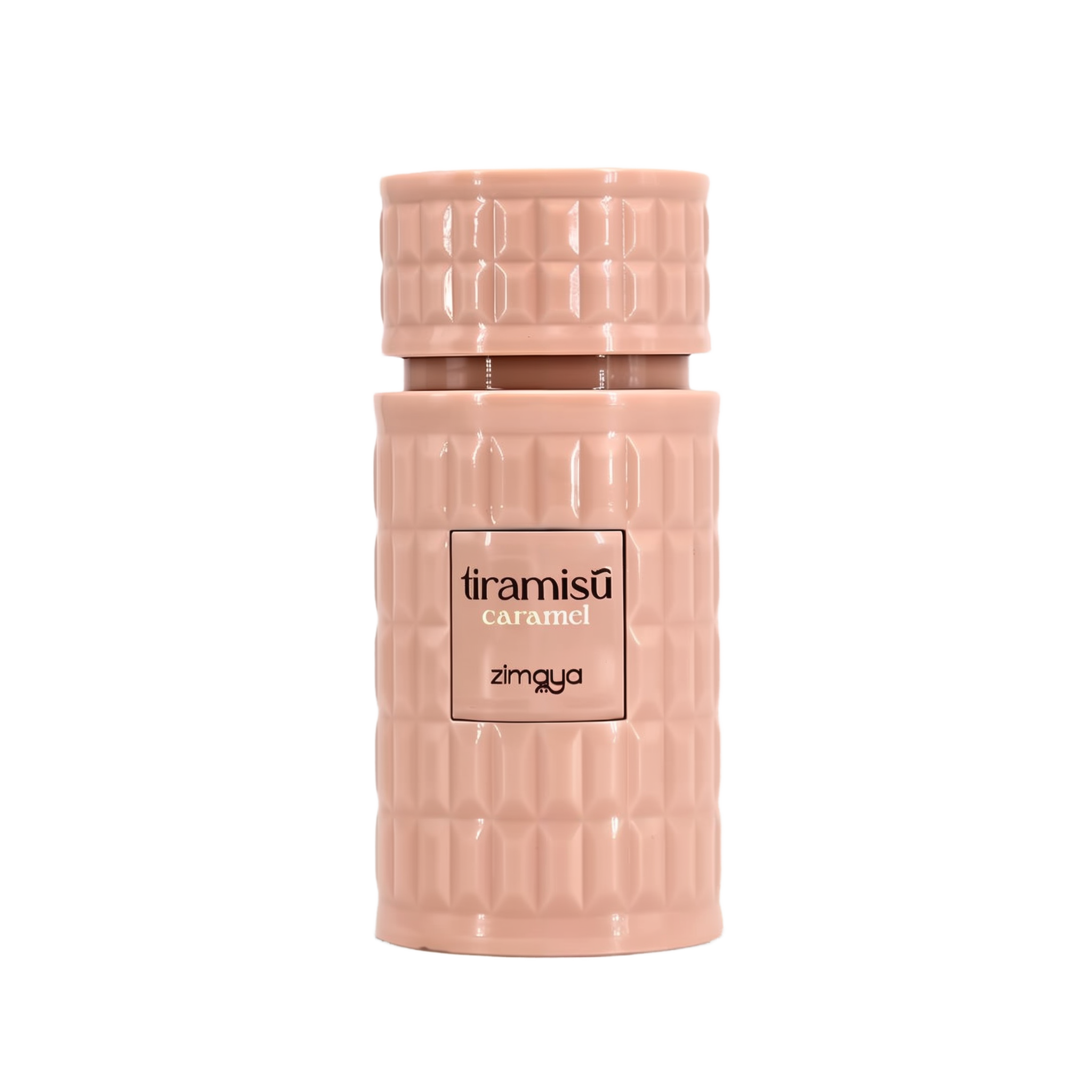 A bottle of Tiramisu Caramel by Zimaya. The bottle features a textured, geometric design in a soft caramel beige color with a glossy finish. The label on the front reads "tiramisu caramel" in stylish lowercase text, with the brand name "zimaya" printed below. The cylindrical shape and elegant packaging reflect the dessert-inspired, gourmand nature of the fragrance