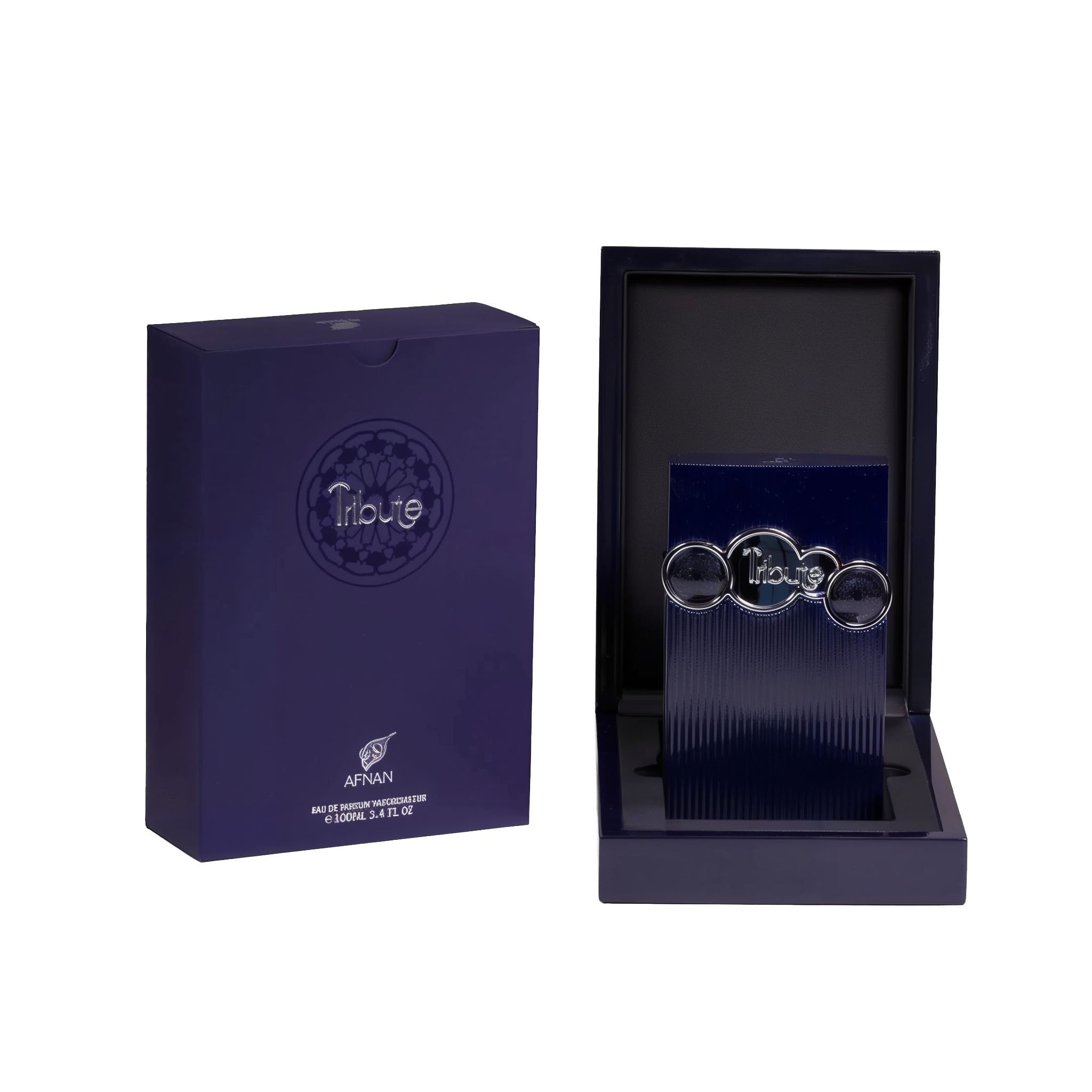 The image shows two items against a white background. On the left is a dark blue box with a matte finish and the brand name "Tribute by AFNAN" prominently displayed on the front. Below the name is additional text indicating that it is an "Eau de Parfum Vaporisateur" and the volume of "100ml, 3.4 FL. OZ." On the right side is an open box revealing a dark, navy blue interior with a textured surface. Inside the box is a vertical, ribbed navy blue panel.