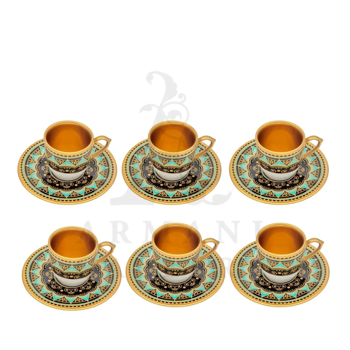 Turkish Coffee Cup Set Decorative Black and Turquoise 6pcs - Armani Gallery