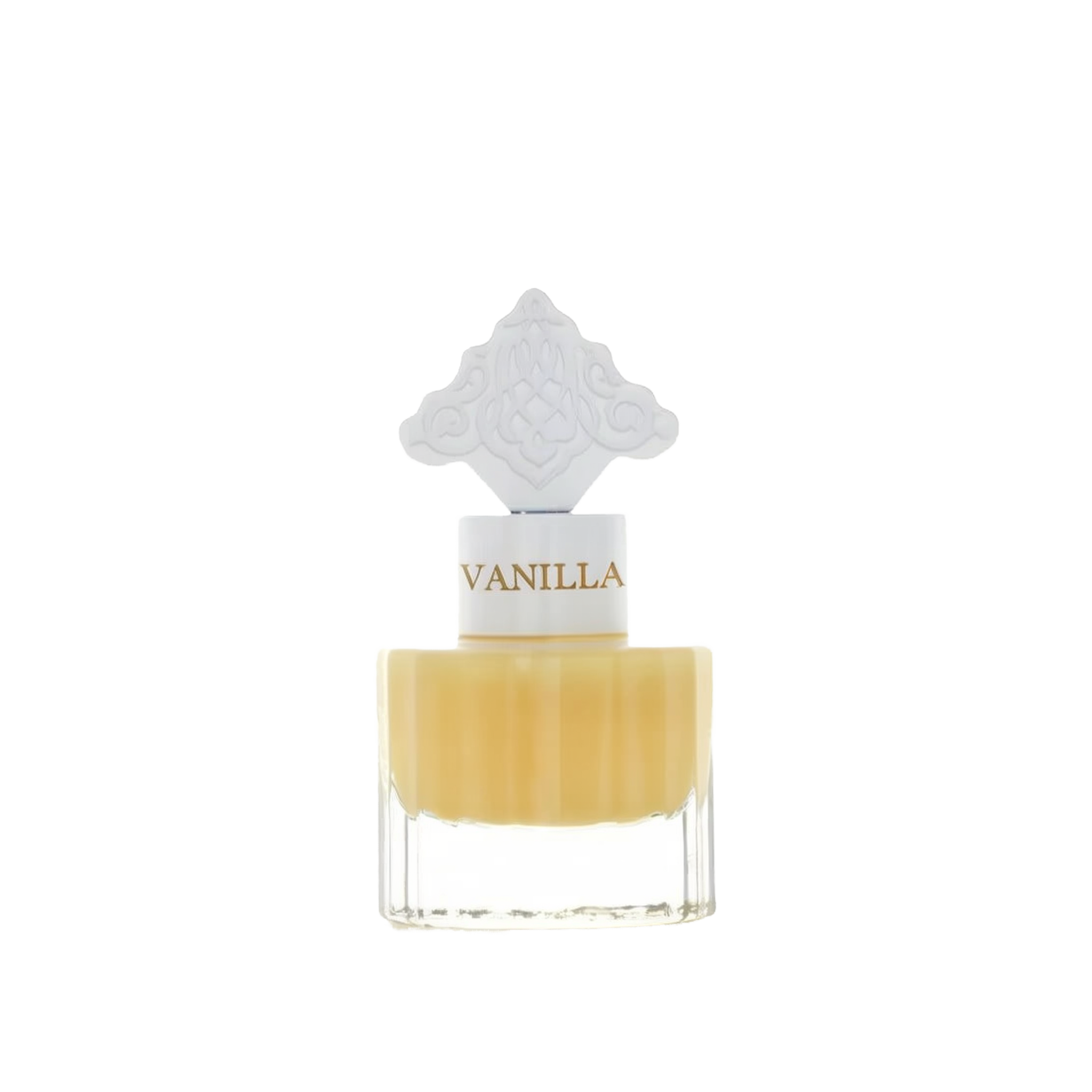 The image features a clear glass bottle with a yellow-colored liquid, suggestive of a vanilla-scented product. The bottle has a white cap with the word "VANILLA" printed on it in a color that complements the liquid. Atop the cap is a decorative white design with an intricate pattern, possibly inspired by Middle Eastern or Islamic art. The aesthetic of the bottle suggests an elegant fragrance, likely a special vanilla musk formulated for hair.