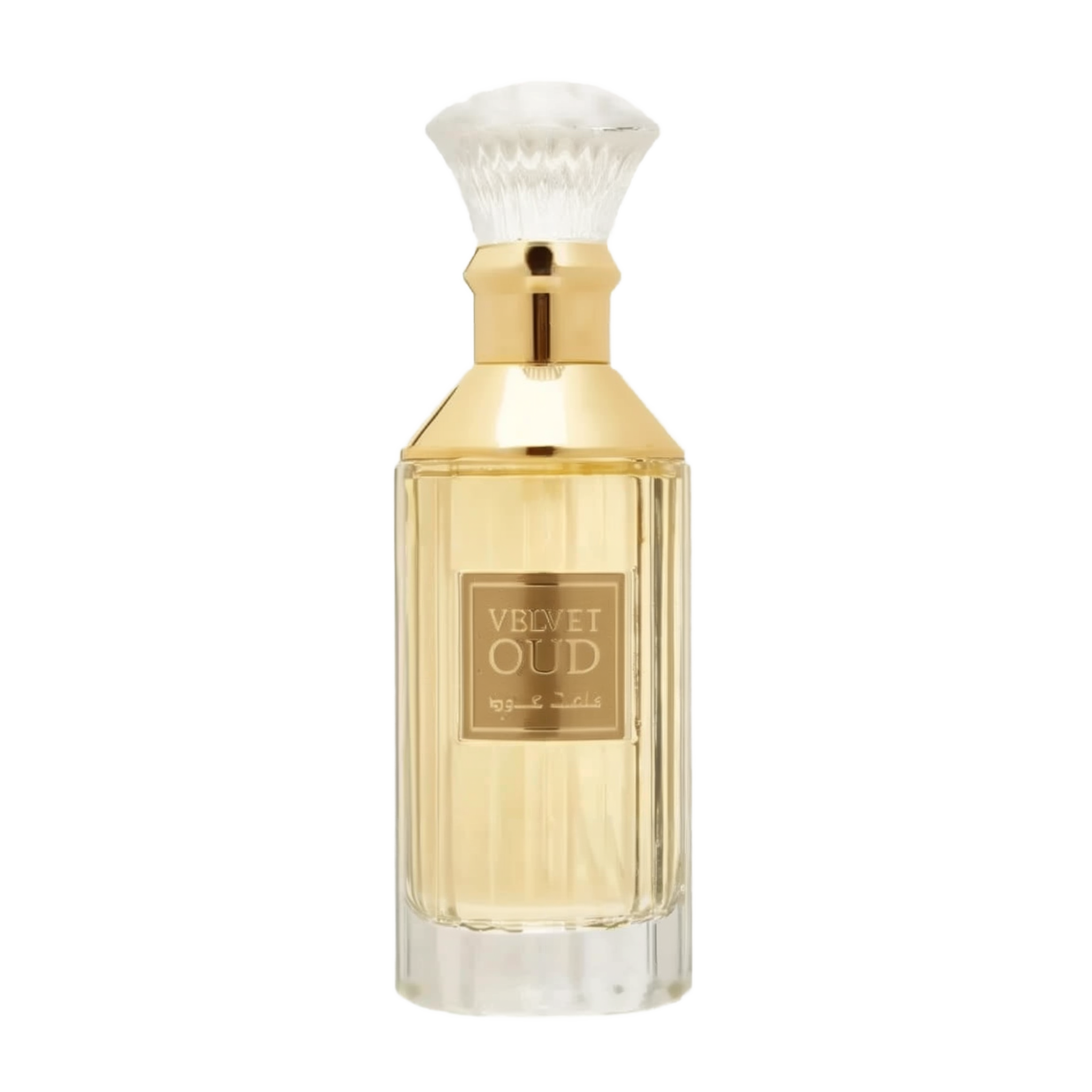 The image is of a perfume bottle: The bottle has a rectangular shape with clear glass, revealing the golden-colored liquid perfume inside. It features a gold-colored neck and a white, bristle-like applicator that resembles a traditional shaving brush. The front of the bottle has a simple, elegant label with "VELVET OUD" in black letters and Arabic script below it.