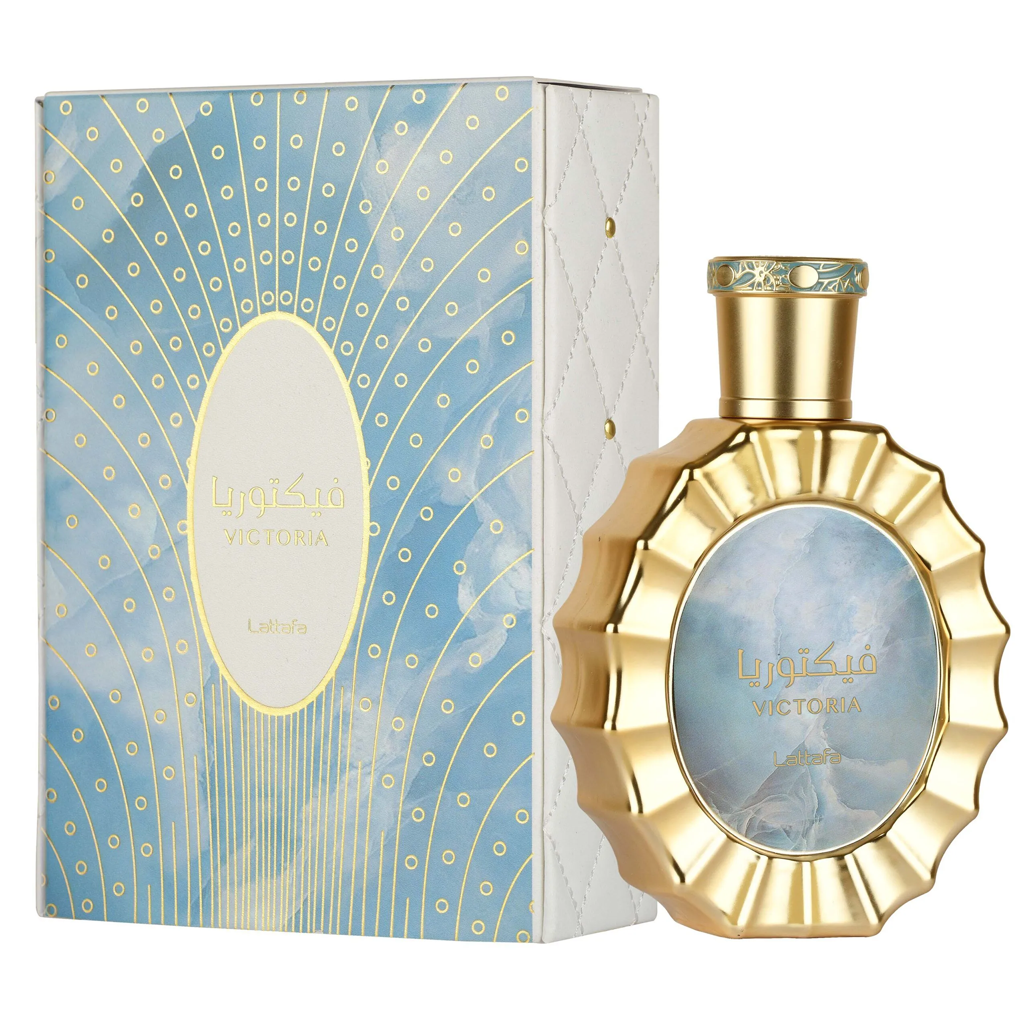 Gold-edged oval perfume bottle with a blue centre beside matching blue and gold patterned box.