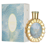 Gold-edged oval perfume bottle with a blue centre beside matching blue and gold patterned box.