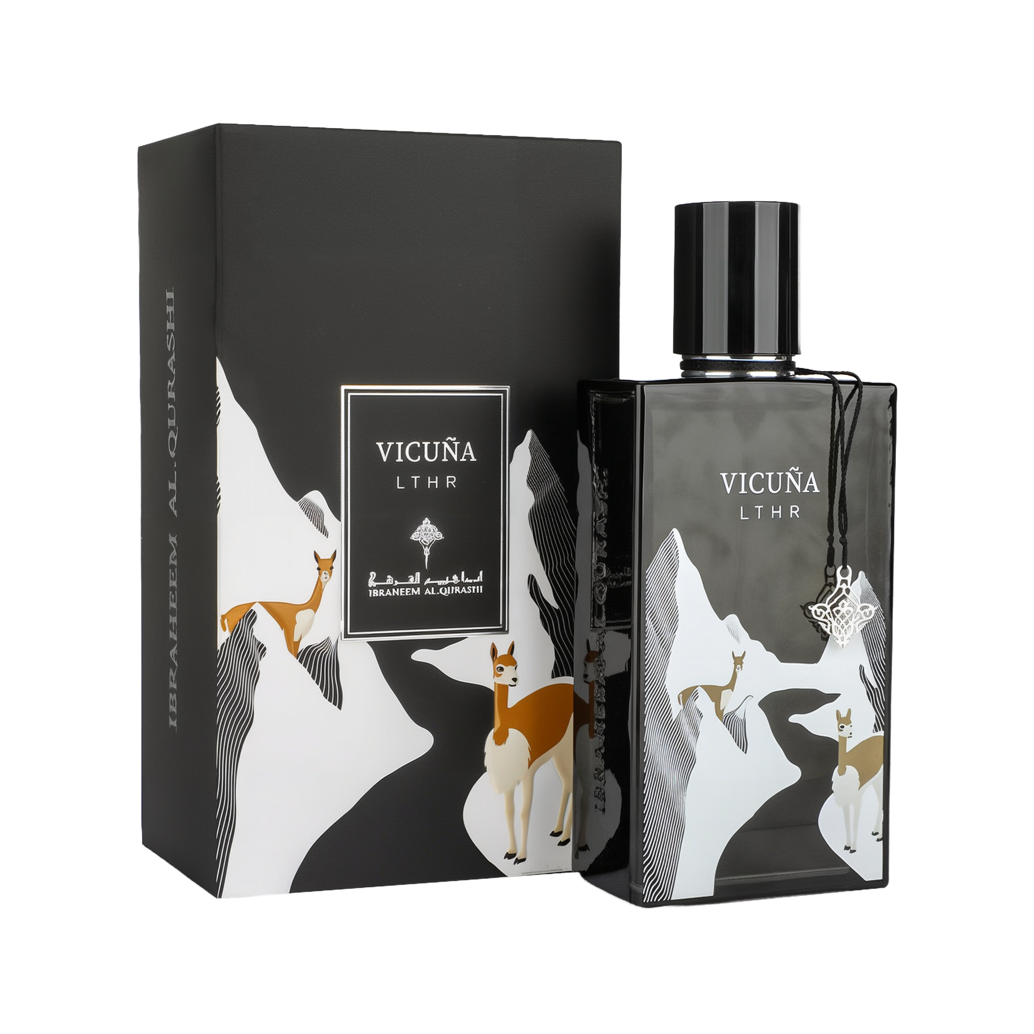 A refined bottle of Vicuña LTHR Eau De Parfum by Ibraheem Al-Qurashi, shown with its matching box. The design features a mountainous landscape in black and white with illustrated vicuñas — elegant camelids native to South America — in shades of brown and cream. The black bottle has a glossy finish, a round black cap, and is adorned with a silver ornamental charm hanging from the neck. The product name 'VICUÑA LTHR' is displayed in white on both the bottle and the box.