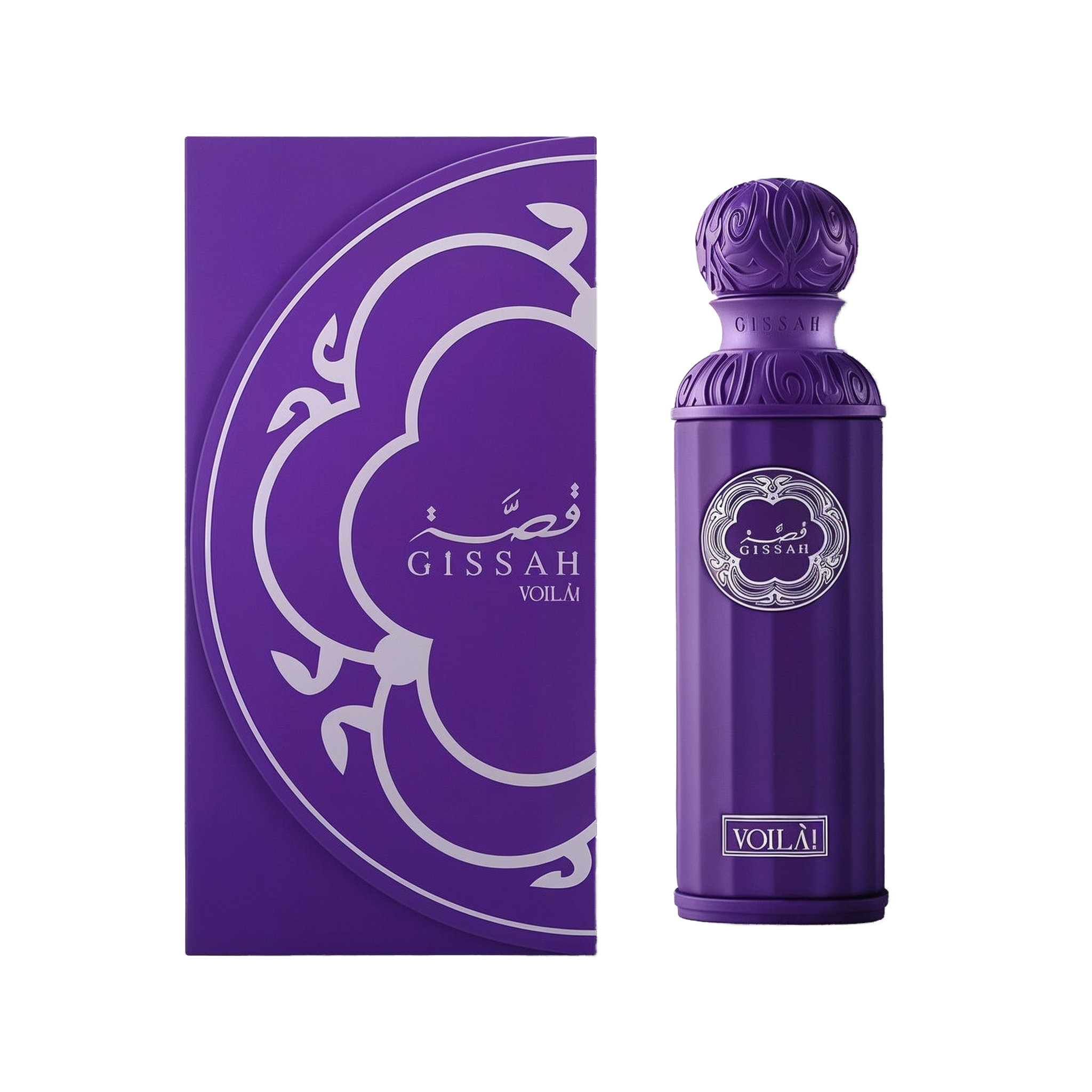A sleek, cylindrical purple perfume bottle with an ornate spherical cap, labeled “Gissah Voila!” in silver, standing next to a matching purple box adorned with a stylized silver pattern.
