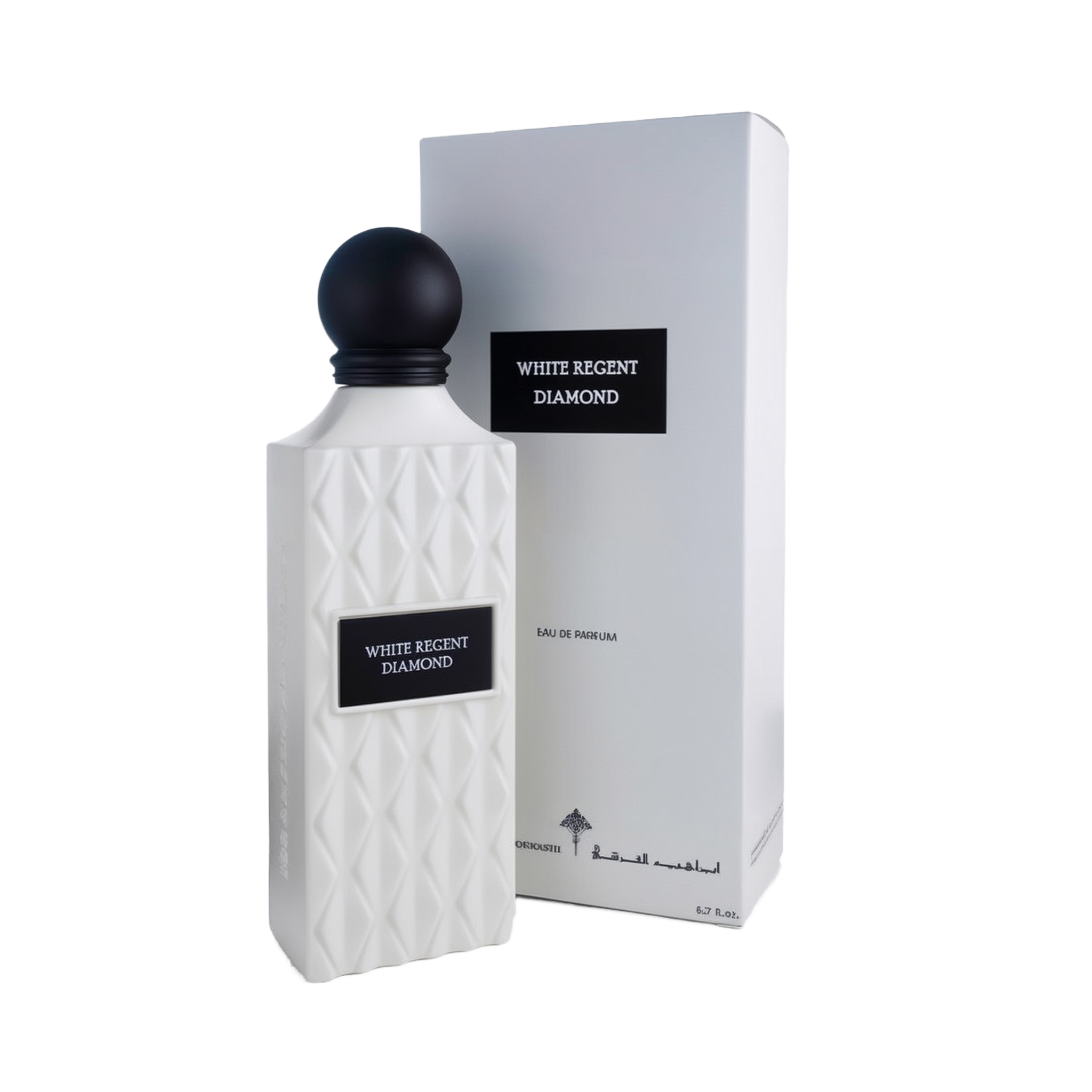 A refined bottle of White Regent Diamond Eau De Parfum by Ibraheem Al-Qurashi, shown next to its matching box. The bottle features a matte white finish with a quilted diamond pattern and a rectangular black label reading 'WHITE REGENT DIAMOND' in white text. It is topped with a smooth, matte black spherical cap. The box mirrors the minimalist white design with a matching black label and understated branding along the bottom.